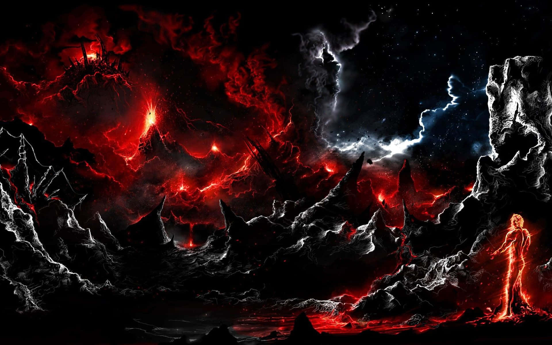 lone glowing figure, jagged lava field, stormy red and black sky, Full HD Desktop Wallpaper