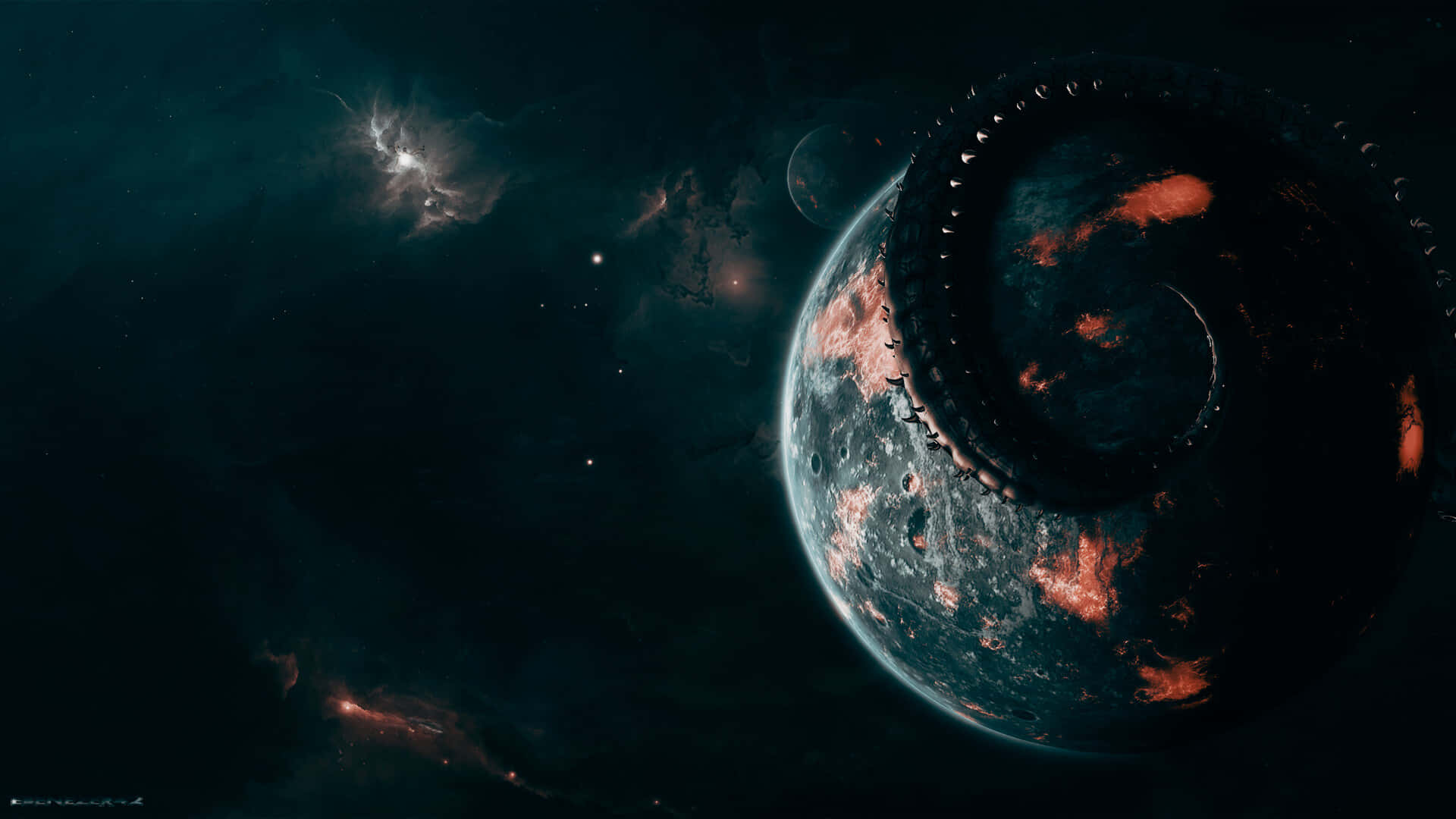 ringed planet, glowing orange fissures, starry nebula, Full HD Desktop Wallpaper