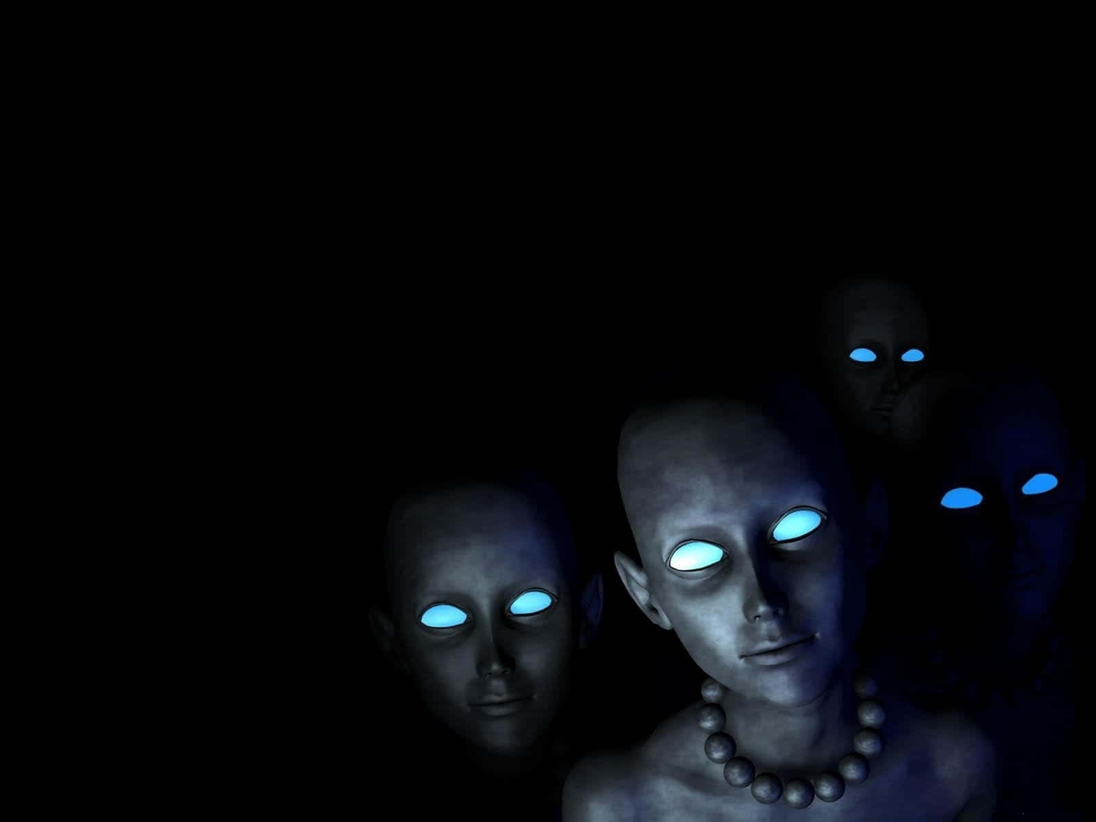 eerie alien encounter, bald humanoid figures, glowing blue eyes, HD Desktop Wallpaper