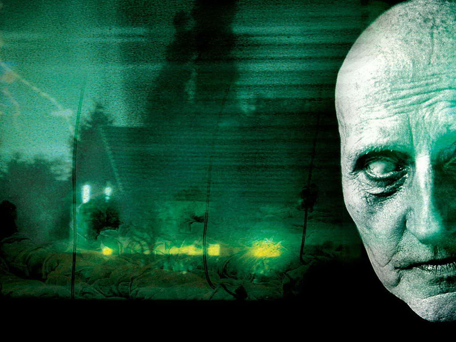 eerie space entity, green-tinted scene, wrinkled face, HD Desktop Wallpaper