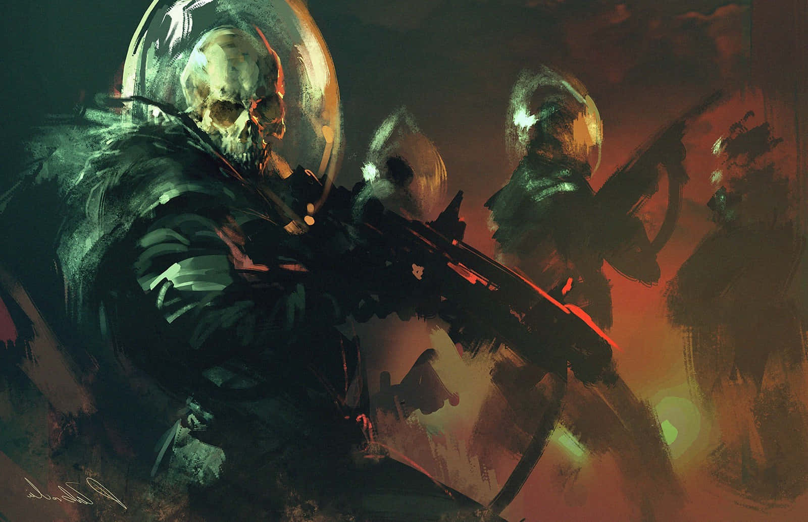 skull helmet, glowing rifle, fiery, smoky battlefield, HD Desktop Wallpaper