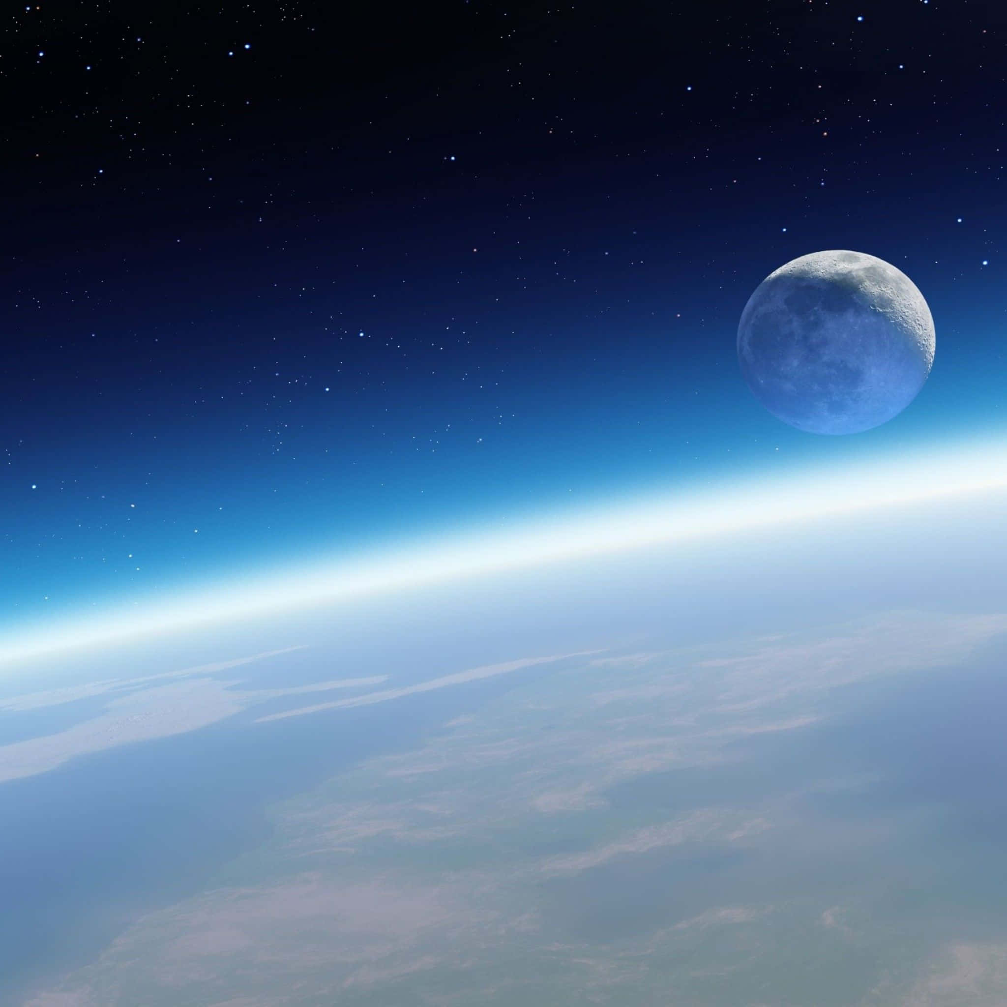 Space iPad, Earth's curved horizon, glowing blue moon, Full HD Desktop Wallpaper