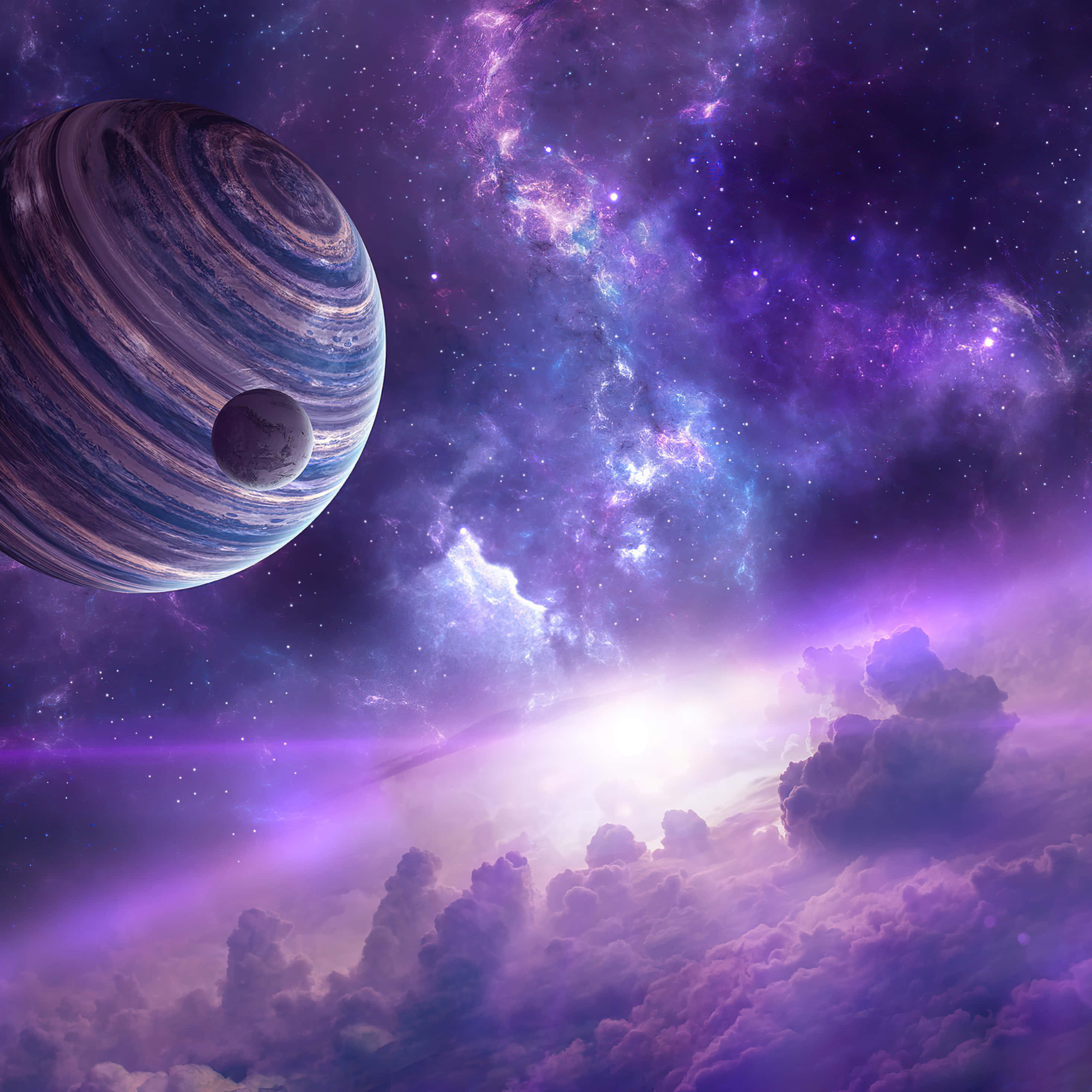 Space iPad, swirling striped planet, moon, 2K Desktop Wallpaper
