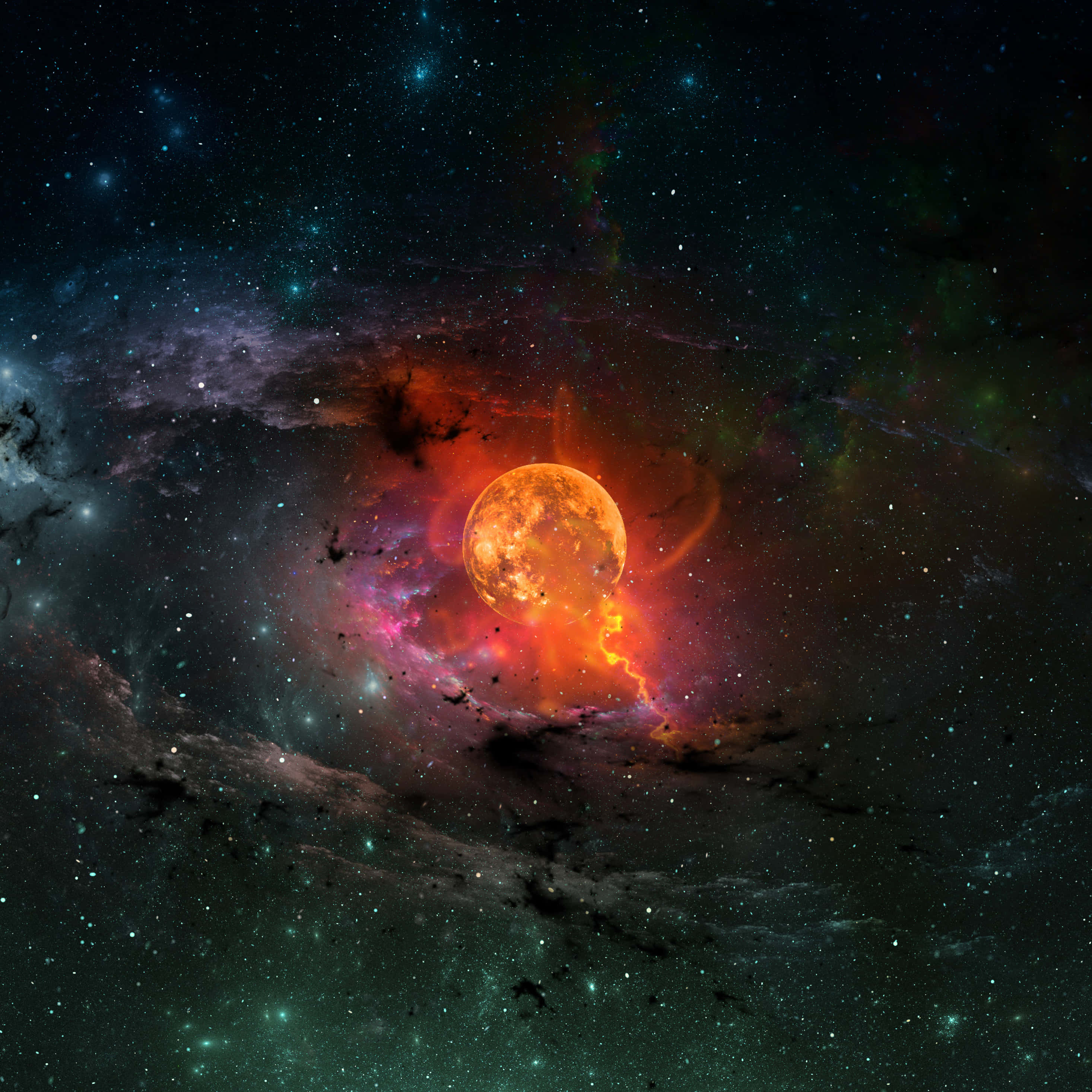 Space iPad, orange planet, nebula, 2K Desktop Wallpaper