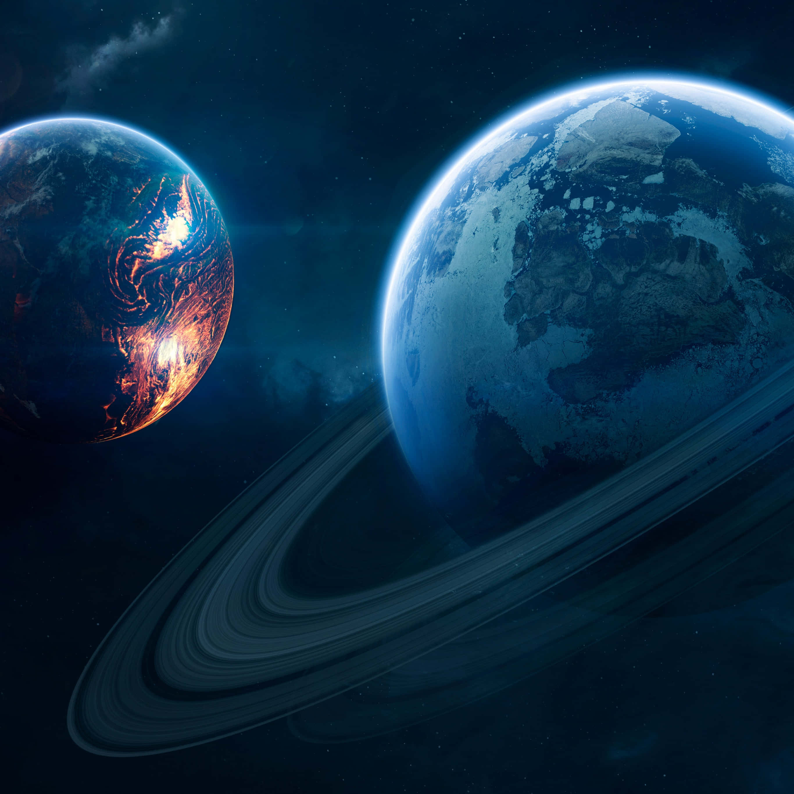 Space iPad, Earth-like planets, glowing continents, 2K Desktop Wallpaper