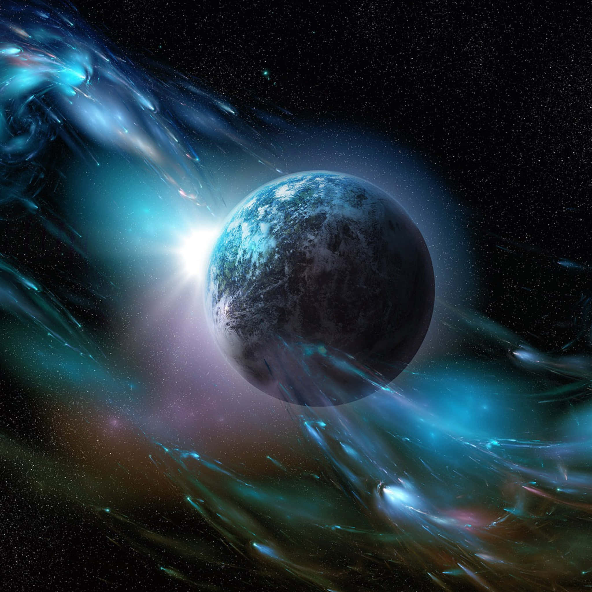 Space iPad, glowing blue planet, swirling cosmic nebulae, Full HD Desktop Wallpaper