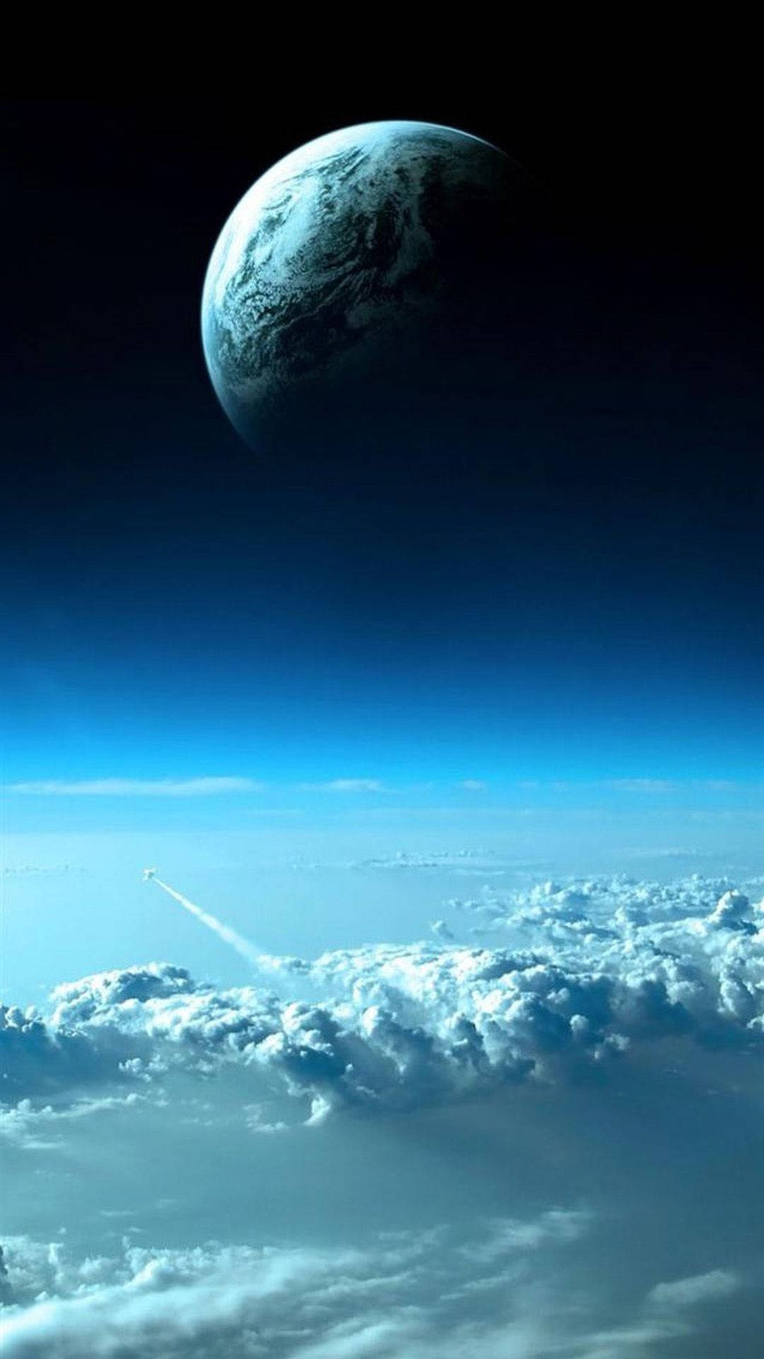rocket, fluffy clouds, glowing blue planet, Full HD Phone Wallpaper