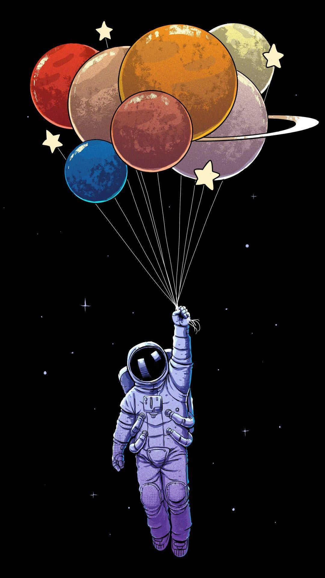 cartoon astronaut, planet balloons, starry void, Full HD Phone Wallpaper
