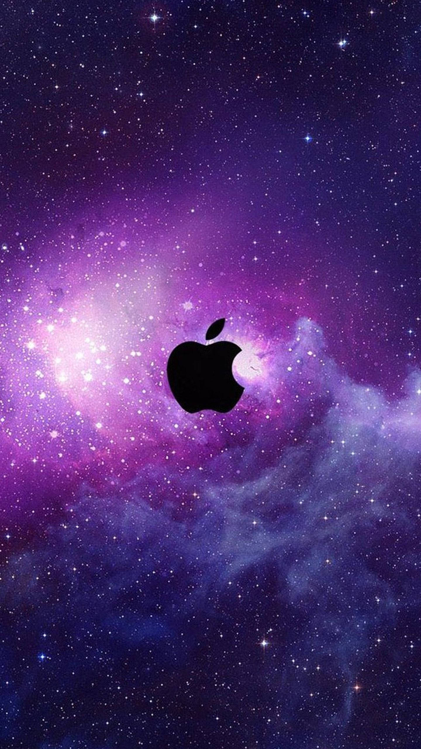 black Apple logo, vibrant purple and blue cosmic nebula, sparkling stars, 2K Phone Wallpaper