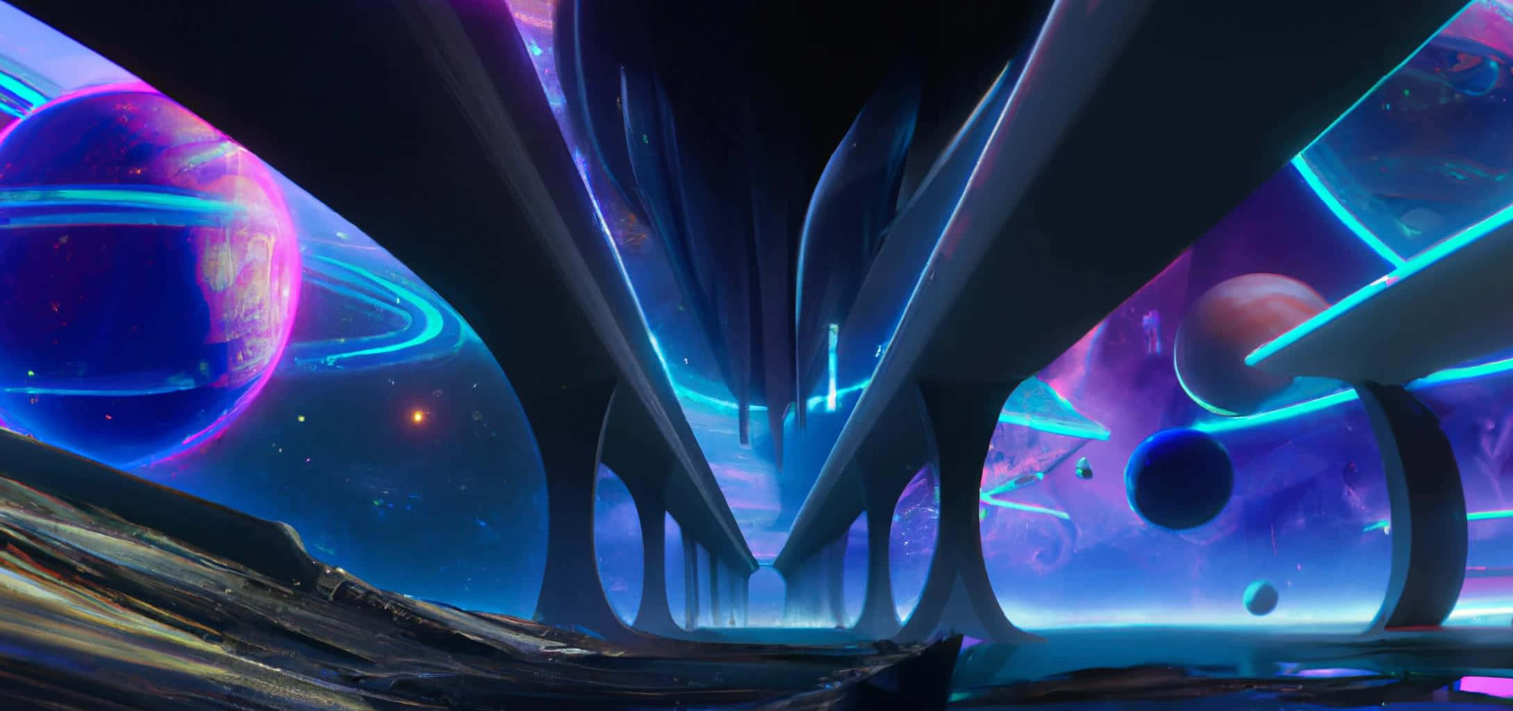 futuristic space station, glowing blue neon arches, vibrant cosmic scene, Full HD Desktop Wallpaper