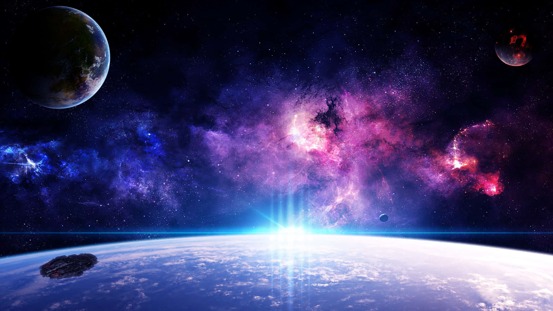 glowing nebula, vibrant purples and blues, planet's curved horizon, Full HD Desktop Wallpaper