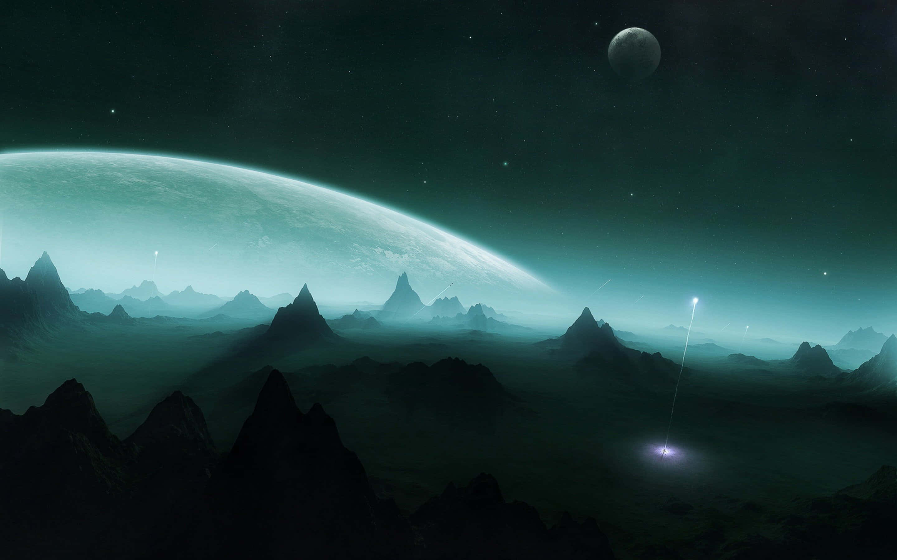 teal-hued alien planet, jagged mountains, starry sky, 2K Desktop Wallpaper
