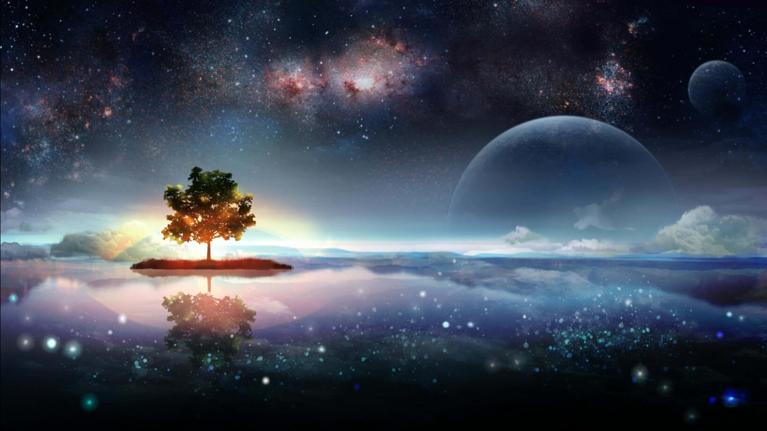 Cosmic Serenity, glowing tree, floating island, 2K Desktop Wallpaper