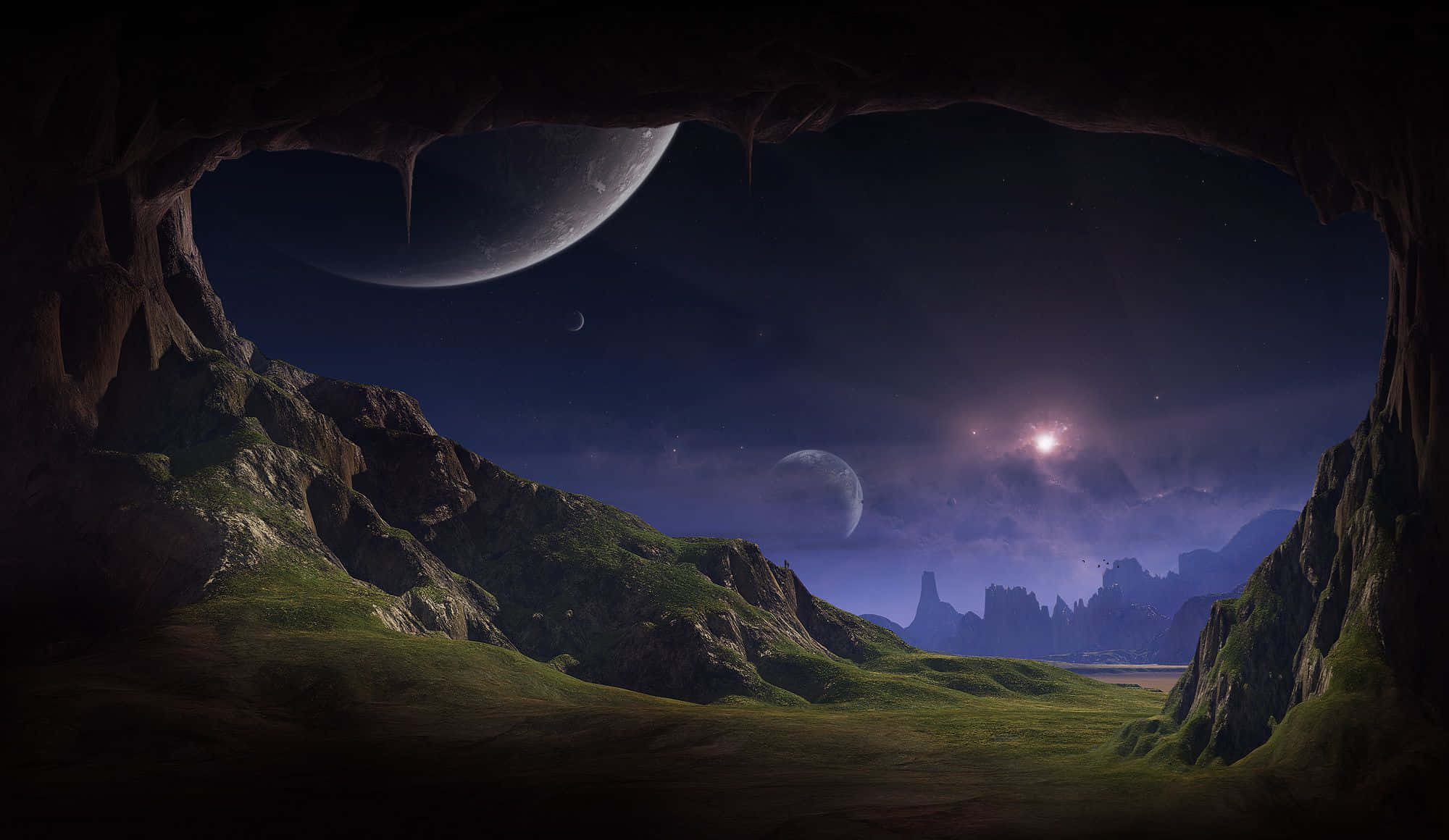 cavern view, celestial bodies, twilight sky, Full HD Desktop Wallpaper