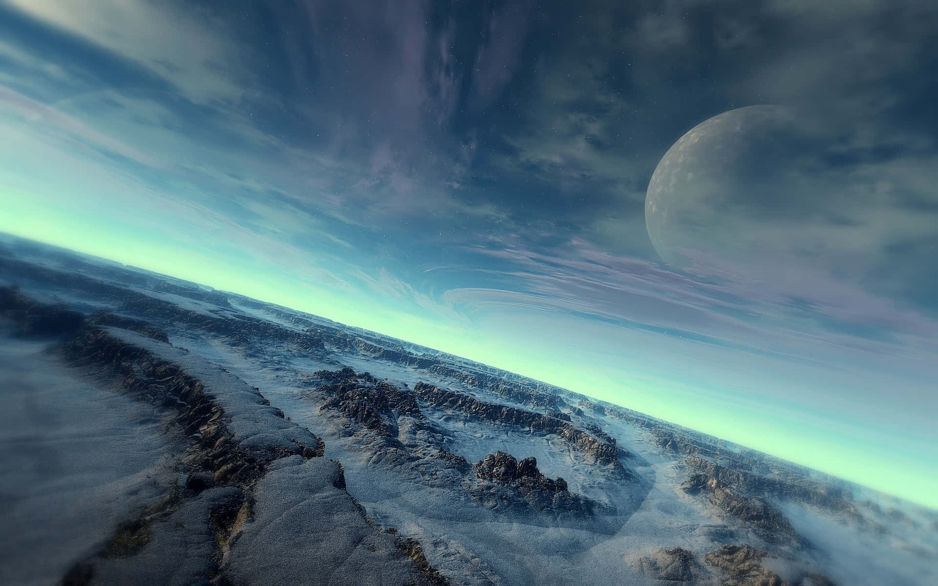 alien landscape, jagged icy mountains, twilight sky, Full HD Desktop Wallpaper
