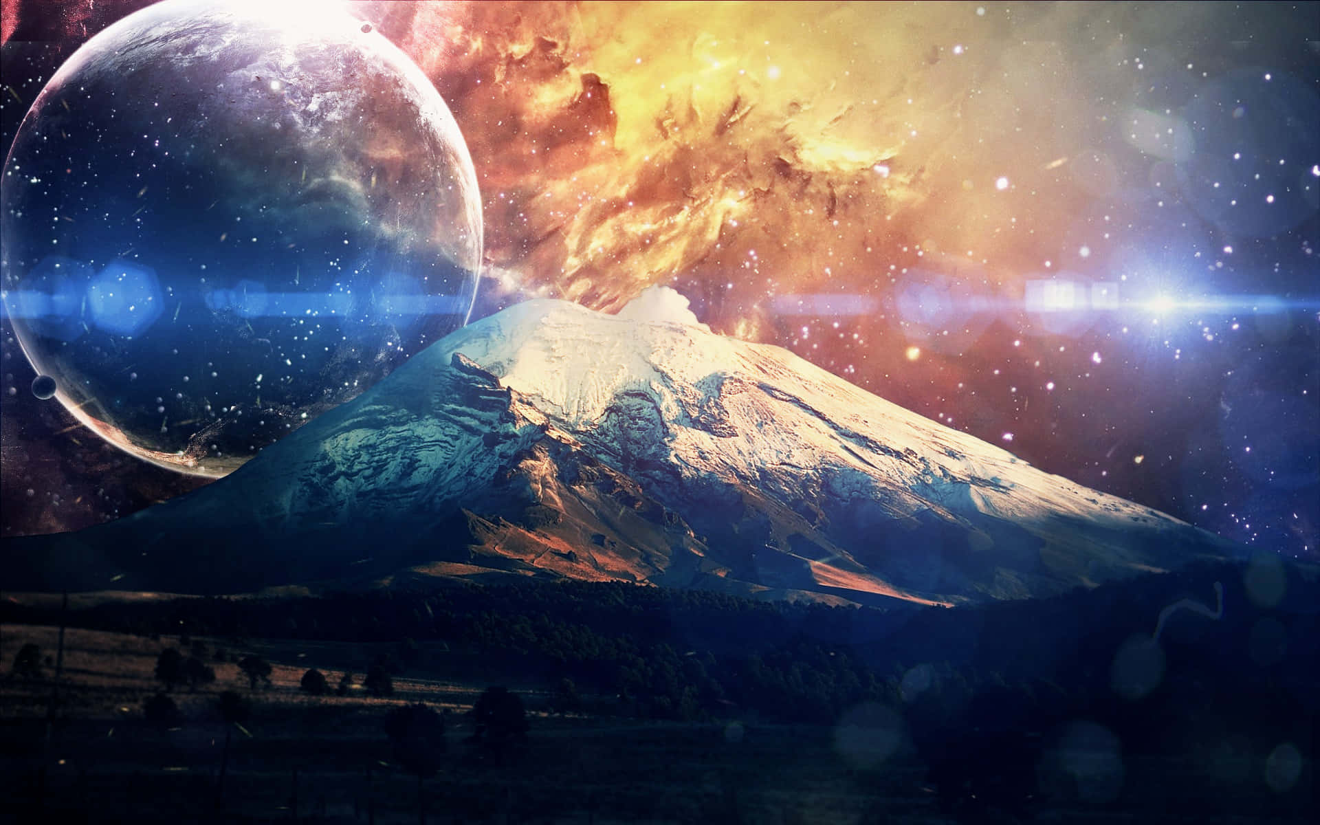 cosmic mountain view, fiery nebula, glowing planet, Full HD Desktop Wallpaper