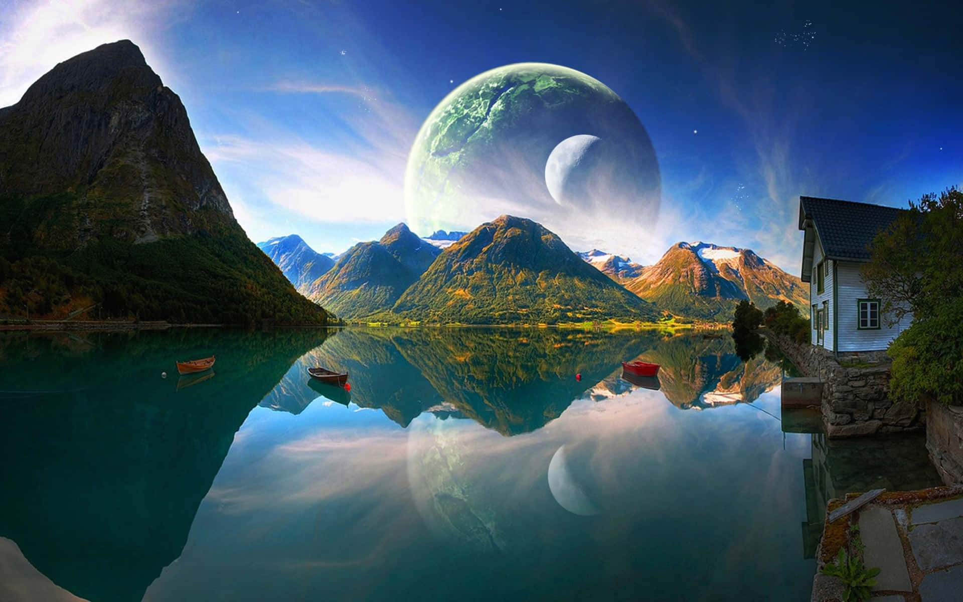 surreal mountain lake, giant planet, crescent moon, Full HD Desktop Wallpaper