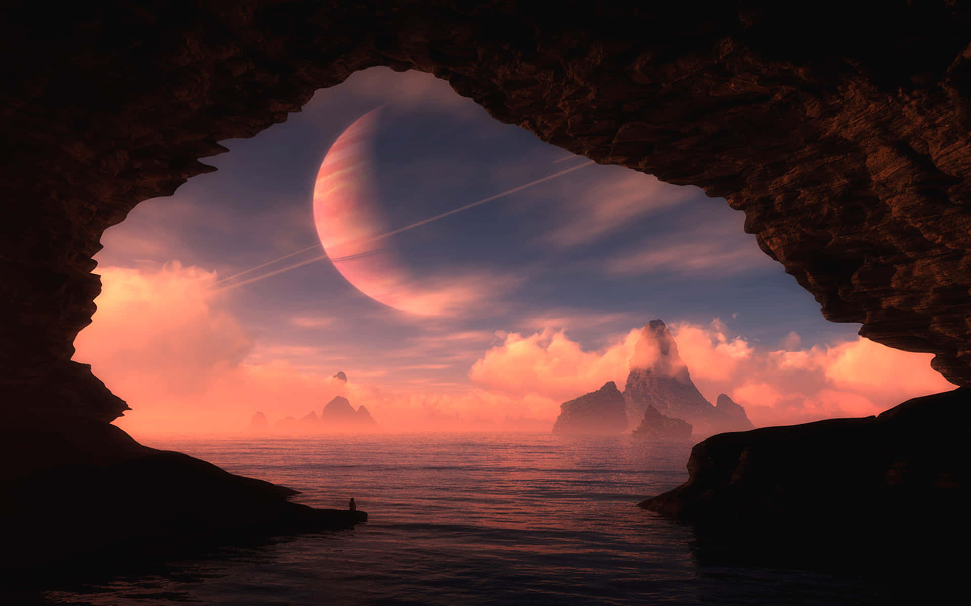 cave view, alien sunset, rocky shore, Full HD Desktop Wallpaper