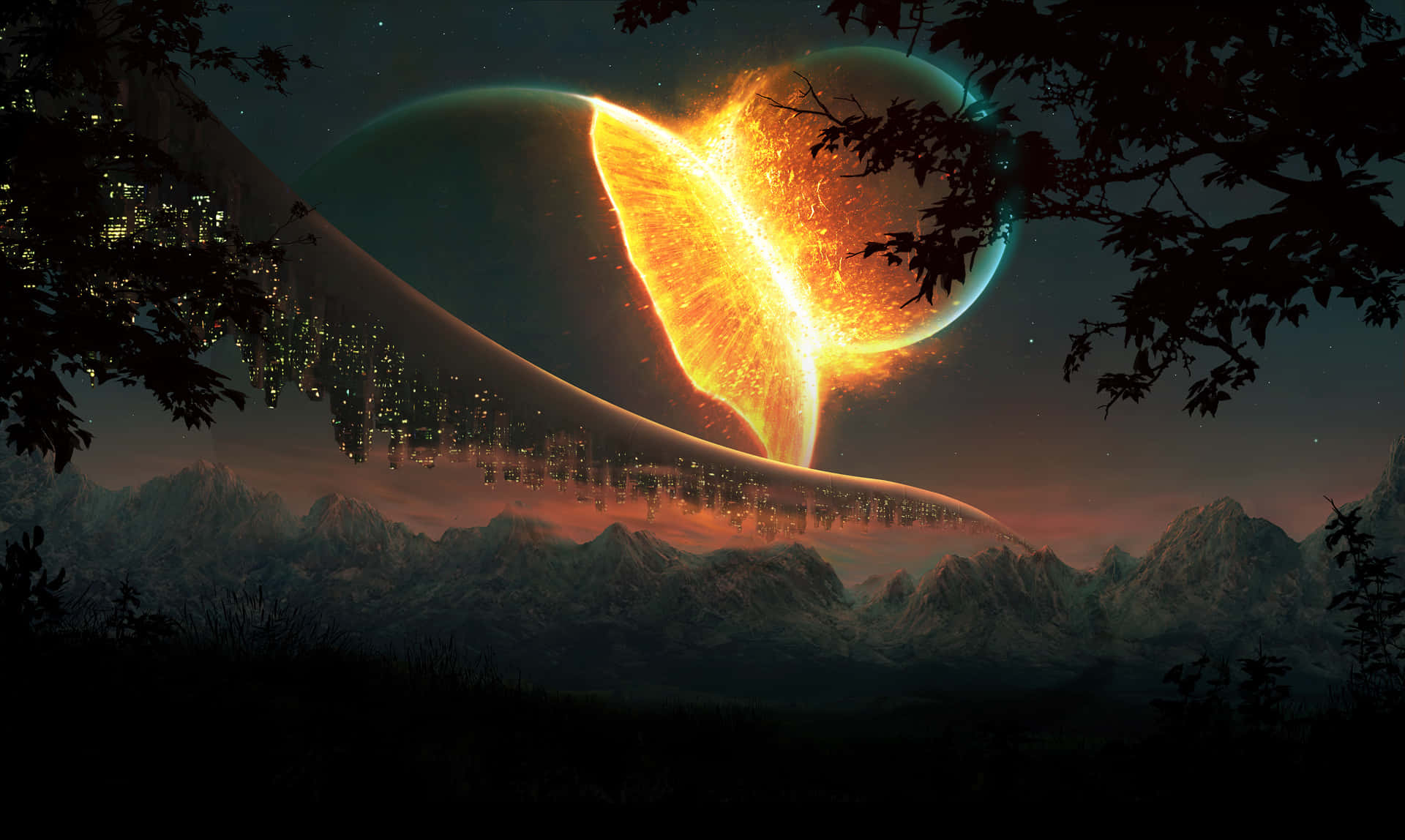 fiery celestial event, mountain range, glowing cityscape, Full HD Desktop Wallpaper