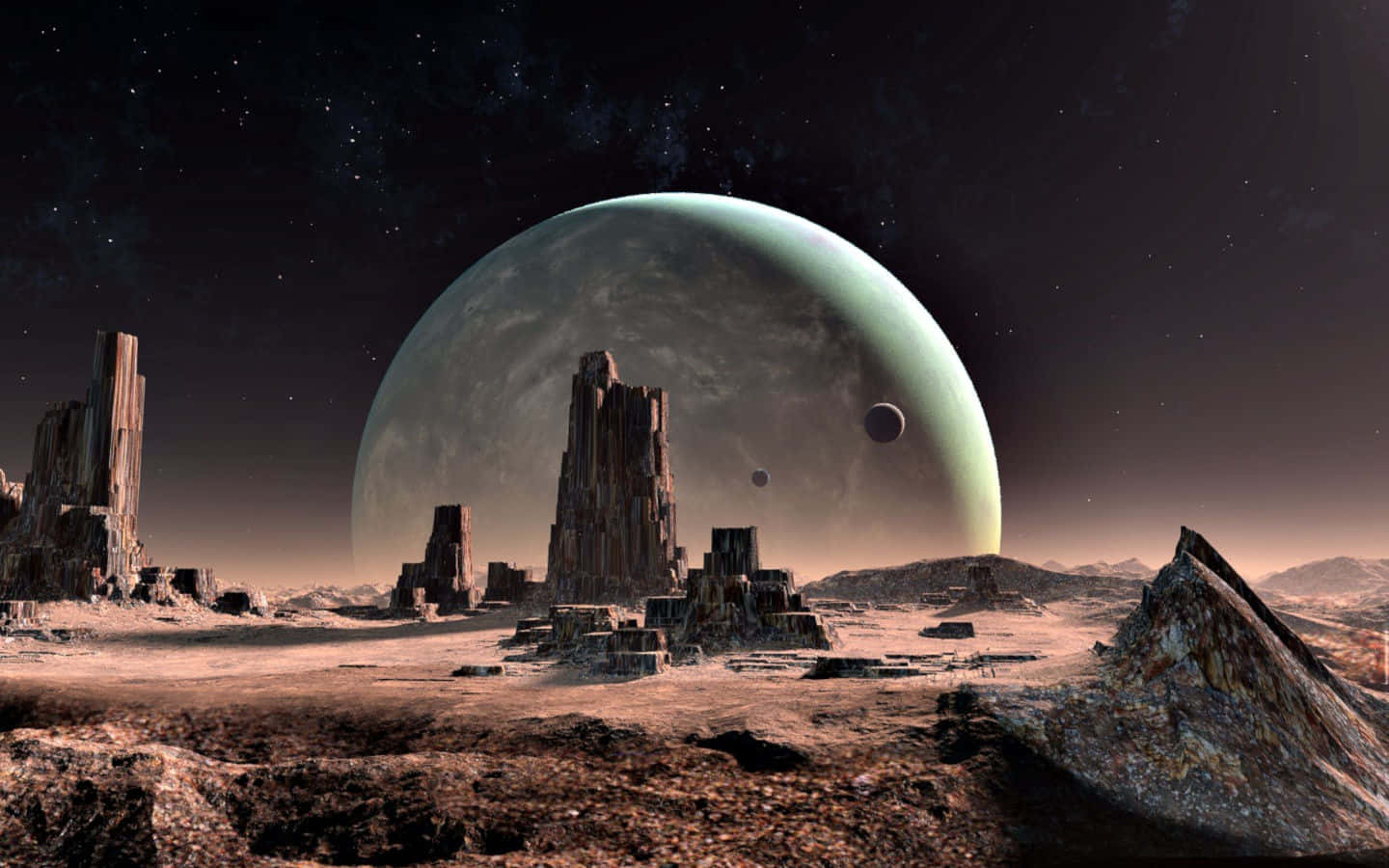 alien desert worldscape, towering rock formations, massive glowing green planet, HD Desktop Wallpaper