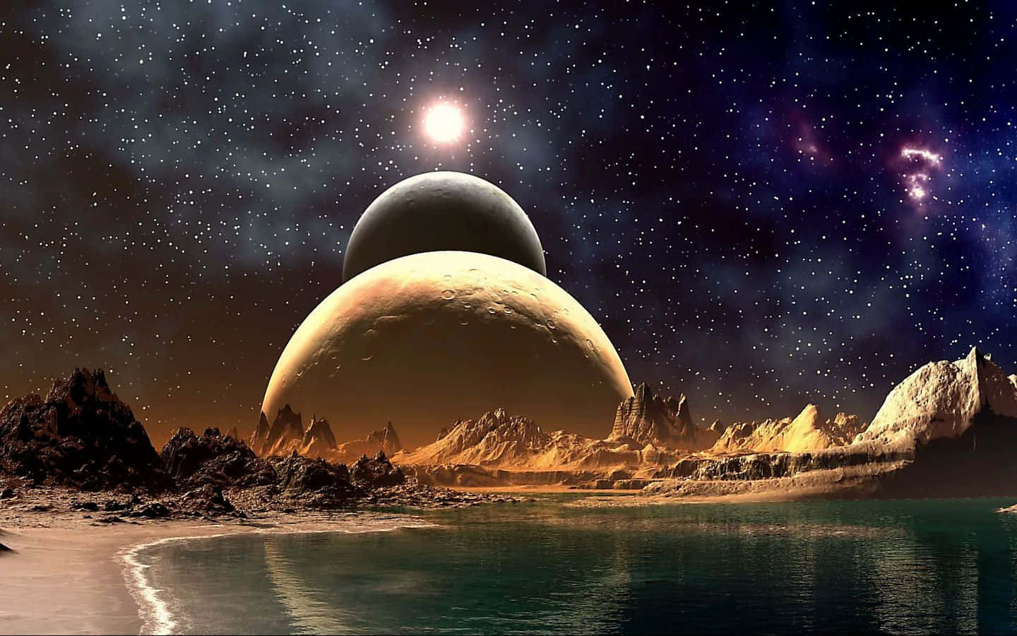 Extraterrestrial Seascapewith Planets, teal waters, two massive planets, HD Desktop Wallpaper