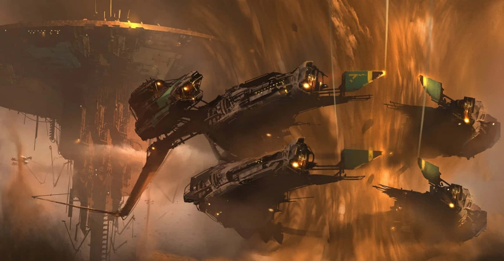 Futuristic Space Mining Operations, fiery orange nebula, colossal space station, HD Desktop Wallpaper