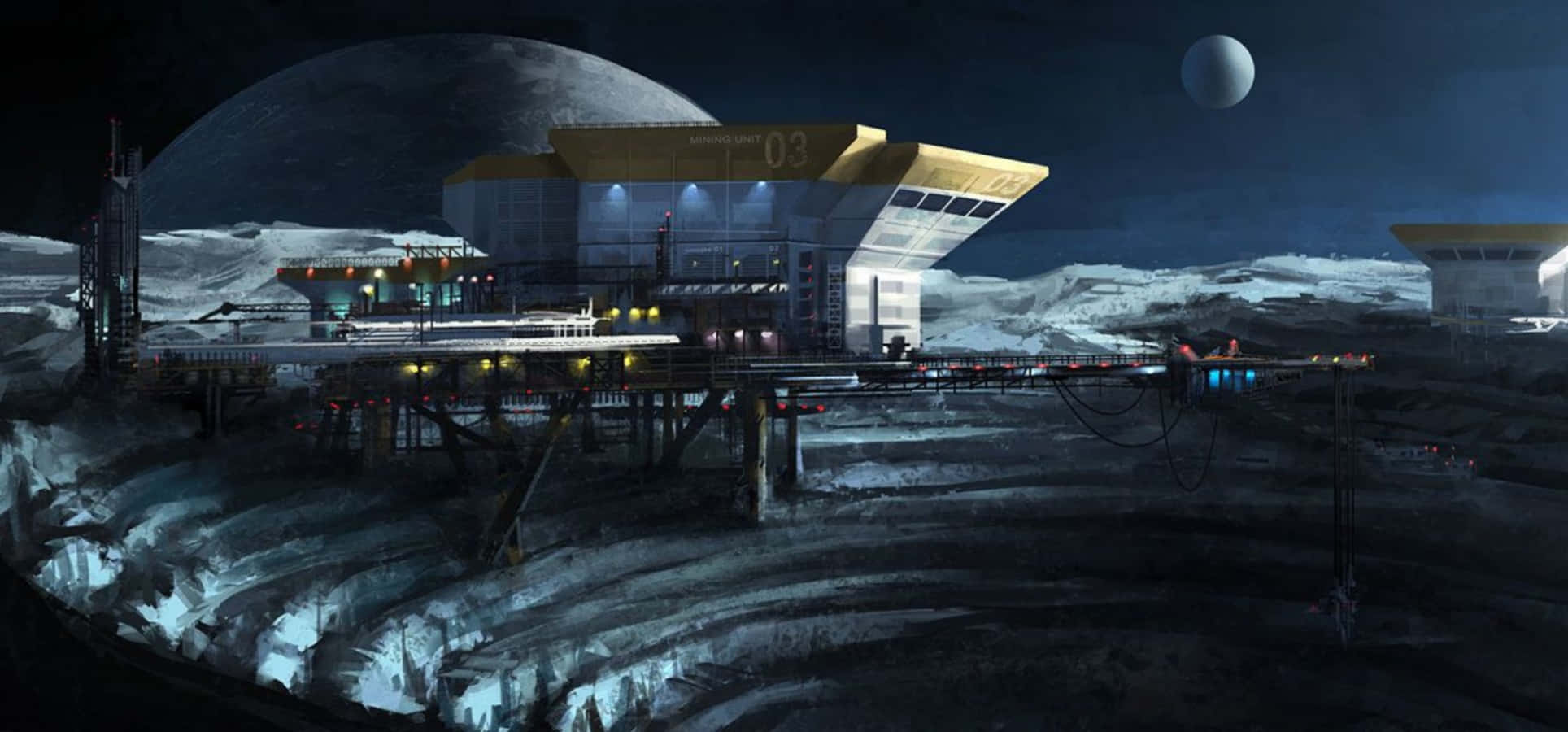 Space Mining, cratered moon surface, futuristic space station, Full HD Desktop Wallpaper