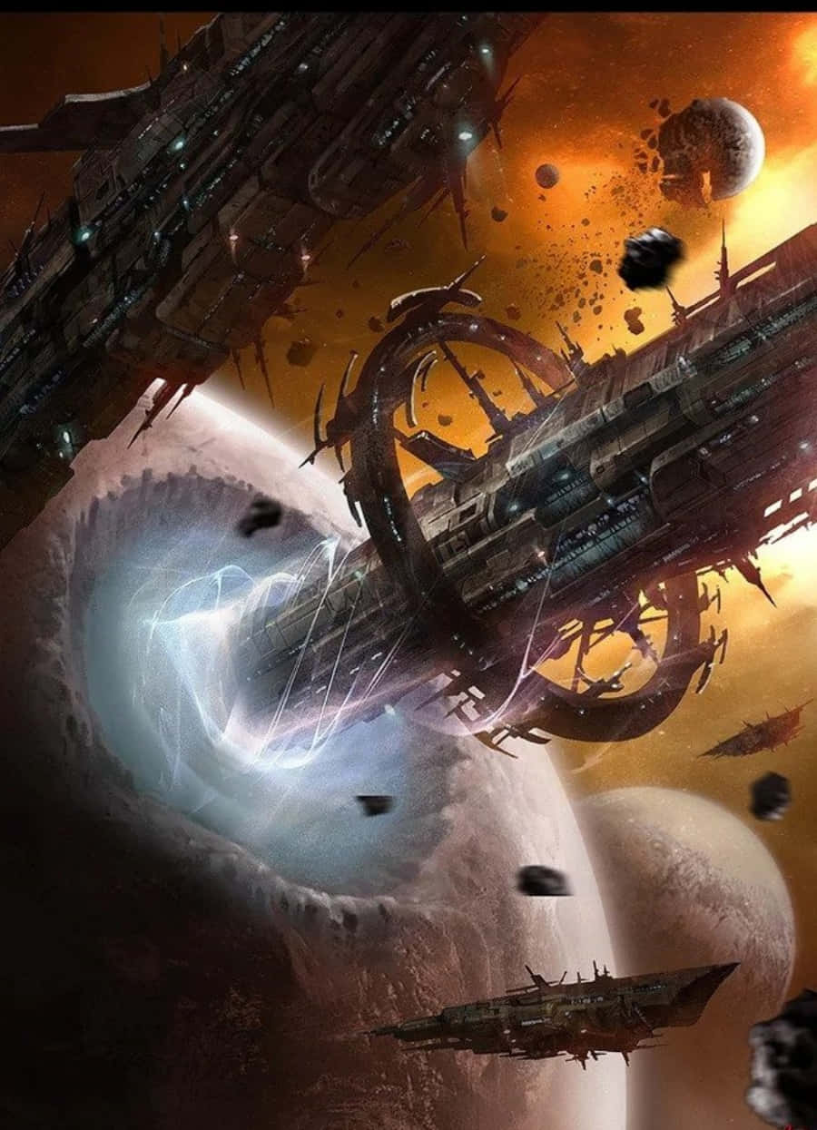 Space Mining, wormhole, fiery orange alien sky, SD Phone Wallpaper