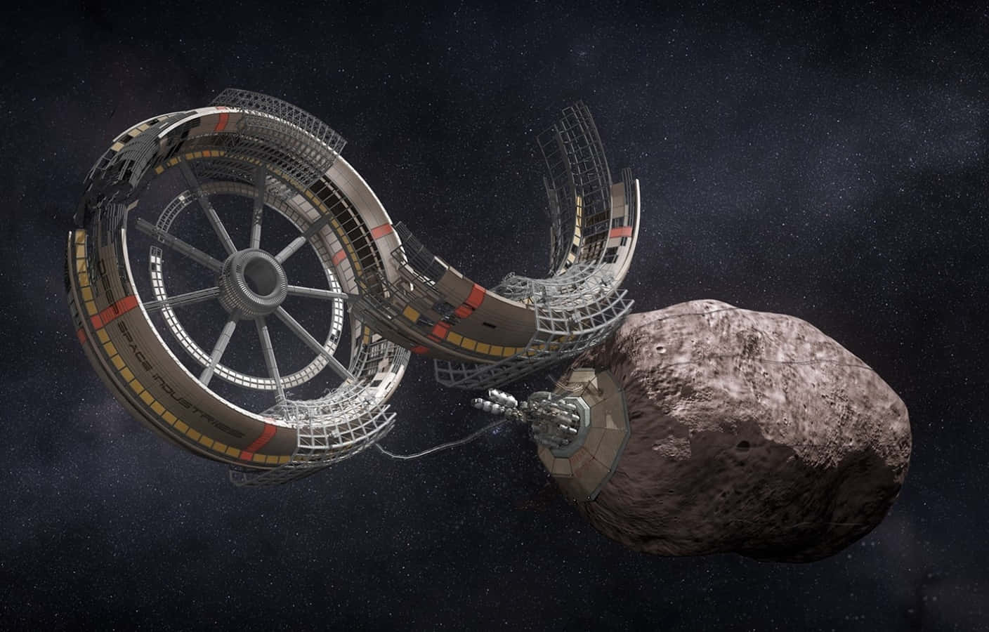 Space Mining, futuristic space station, rotating habitats, HD Desktop Wallpaper
