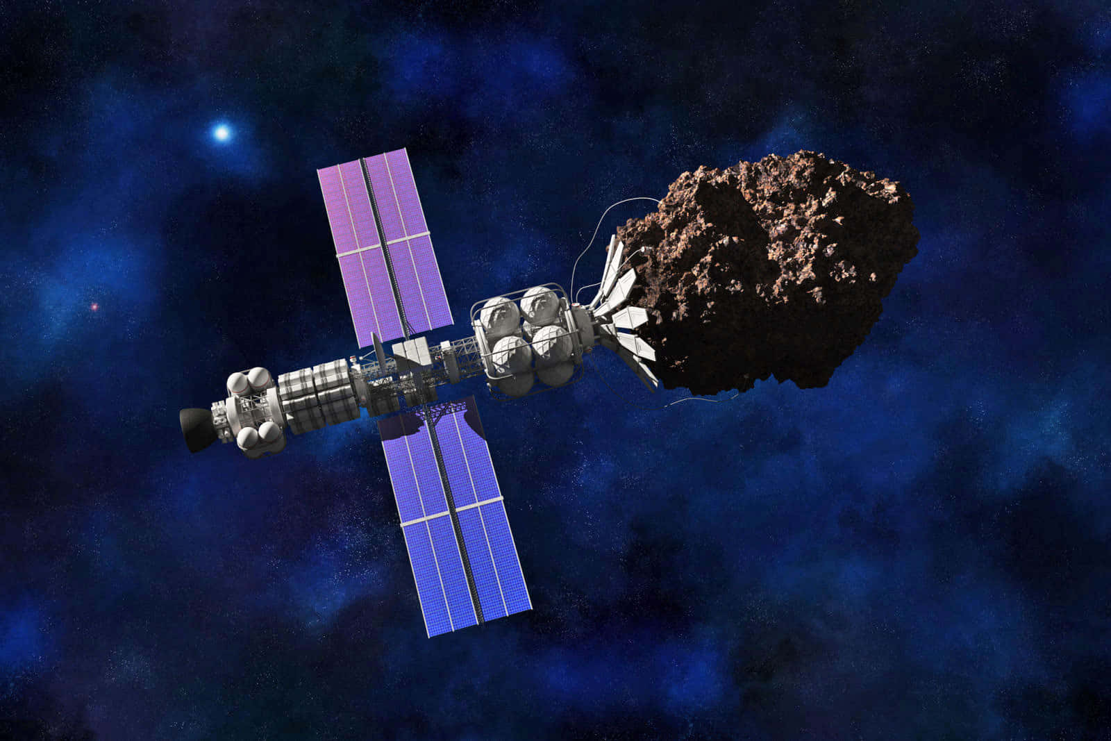 space mining, purple solar panels, rocky asteroid, HD Desktop Wallpaper