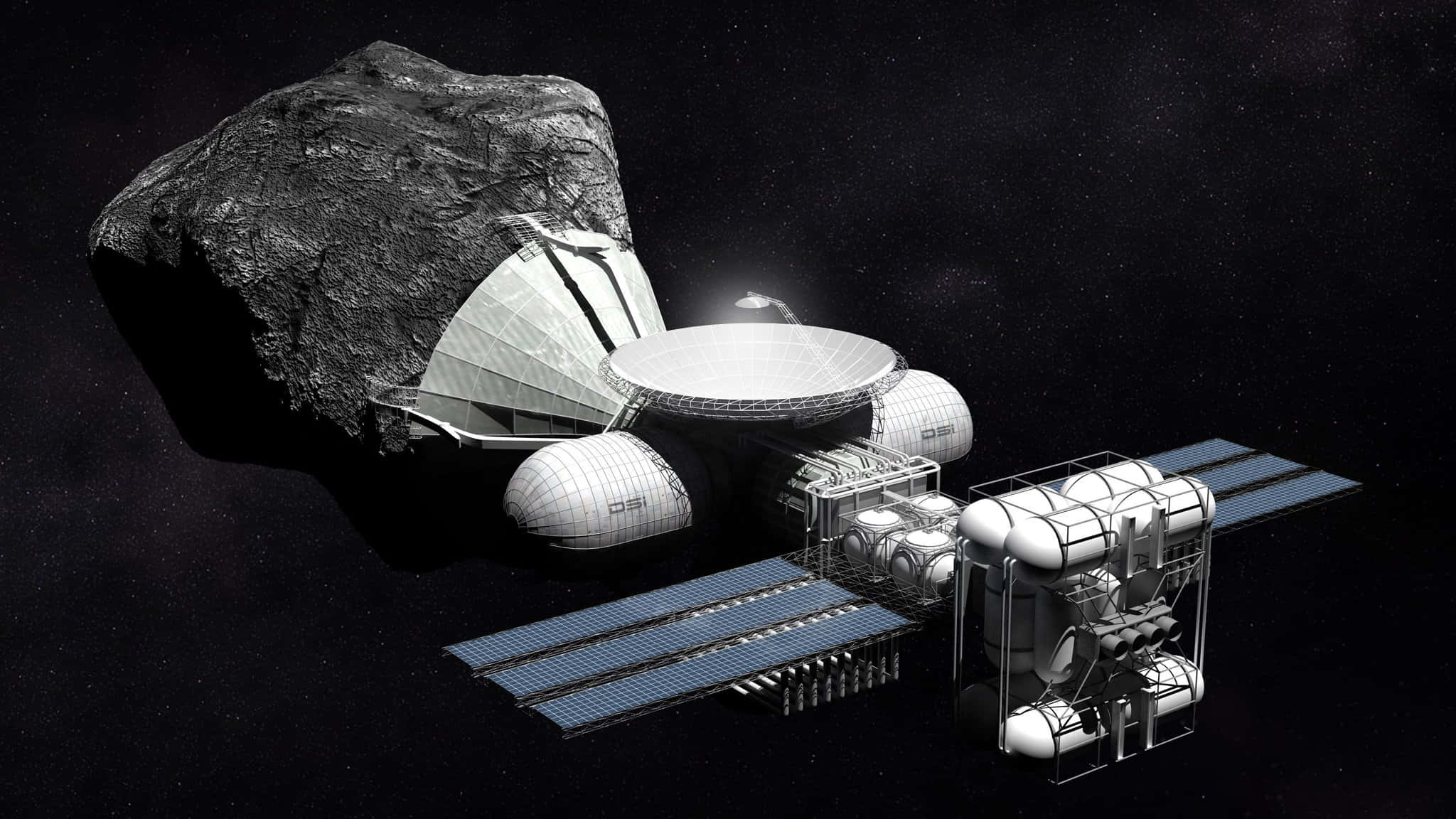 Space Mining, futuristic spacecraft, solar panels, Full HD Desktop Wallpaper