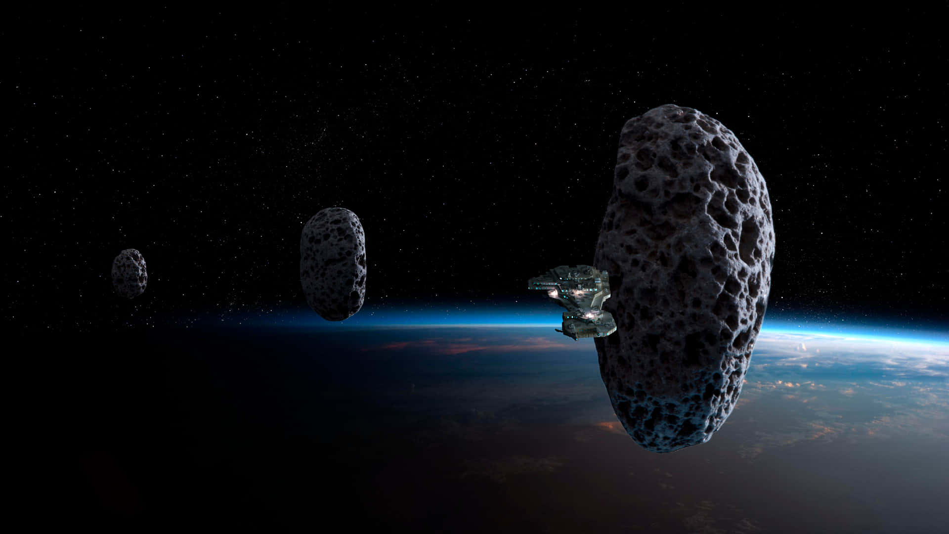 futuristic spaceship, rugged asteroids, vibrant blue planet, Full HD Desktop Wallpaper