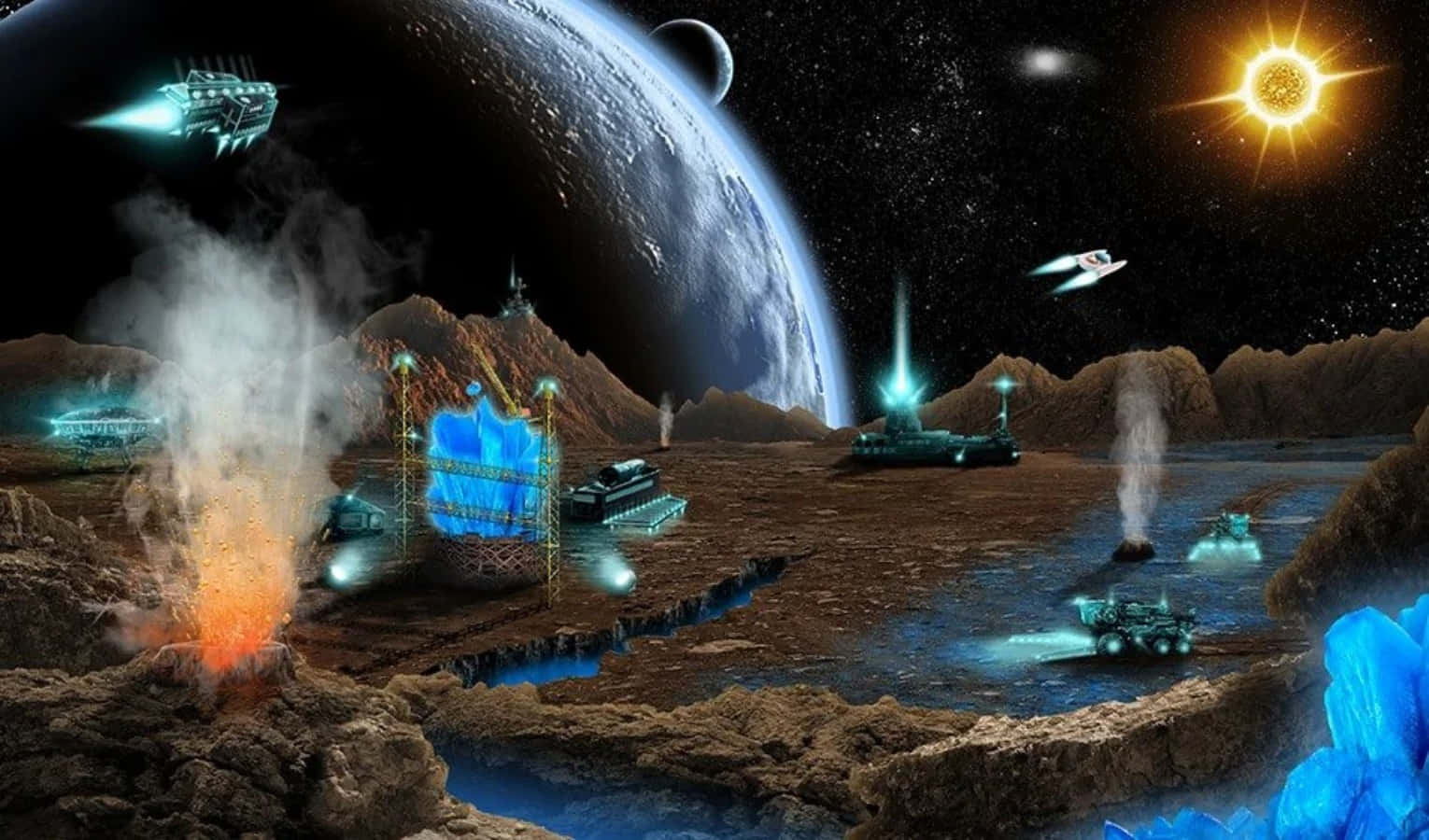 Space Mining, glowing blue structures, flying ships, HD Desktop Wallpaper