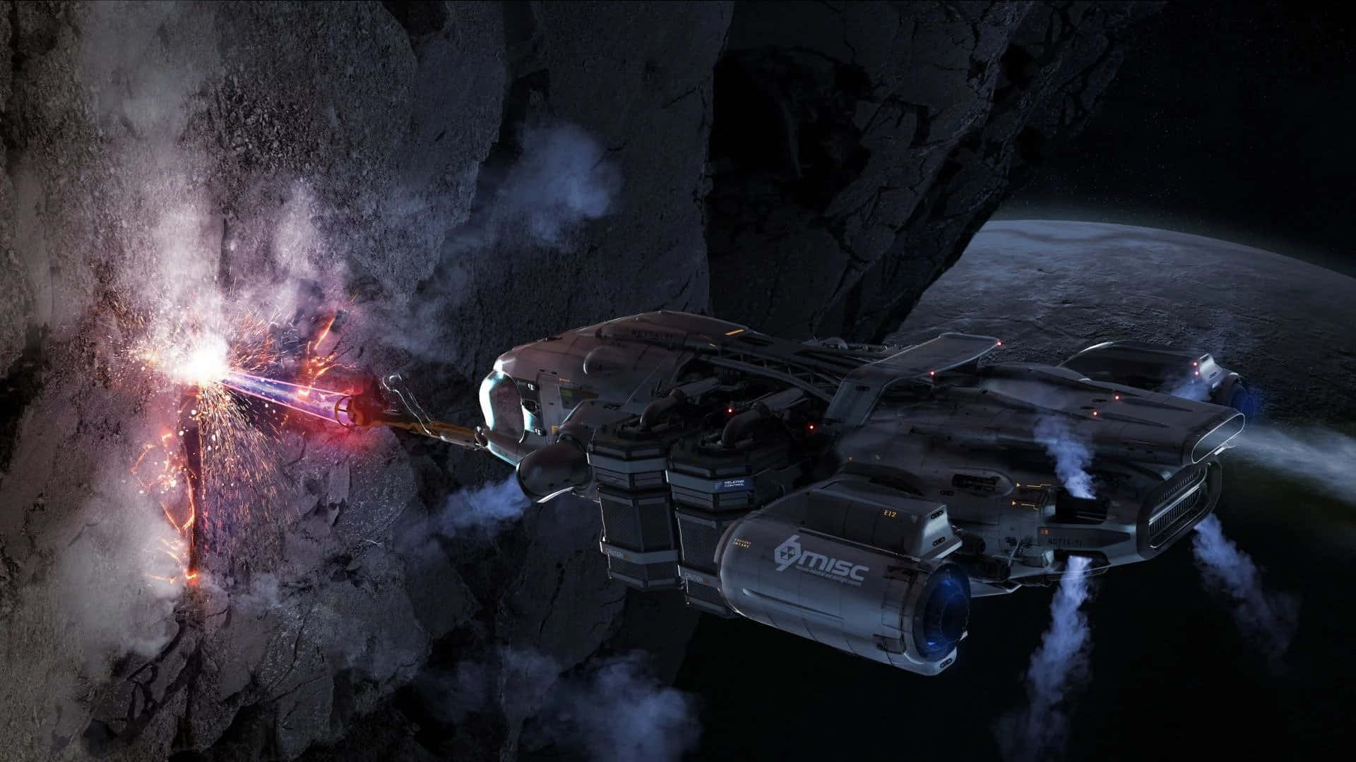 Space Mining, futuristic spaceship, rocky asteroid, Full HD Desktop Wallpaper