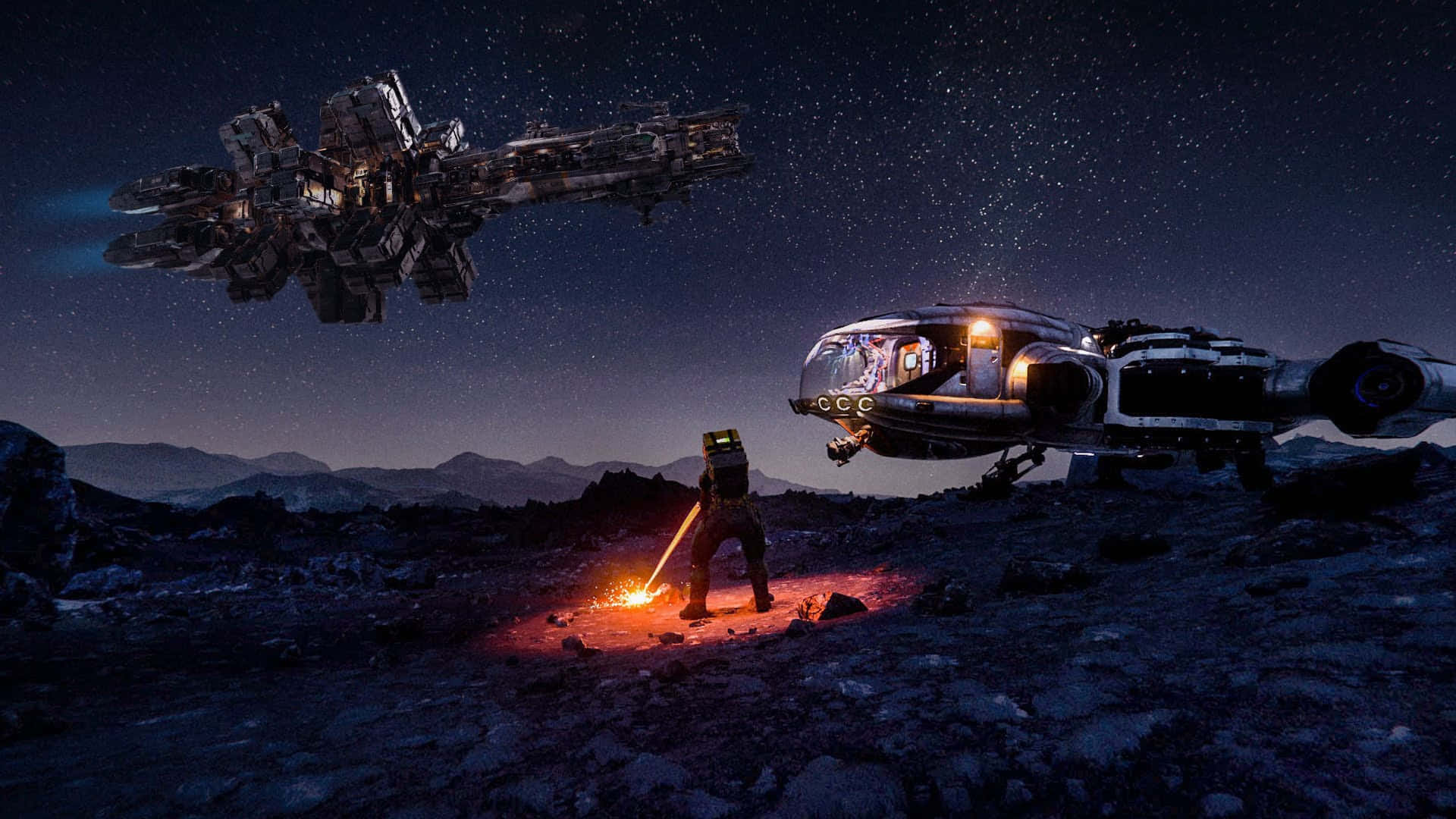 Futuristic Space Mining Operation, astronaut, rocky alien planet, Full HD Desktop Wallpaper