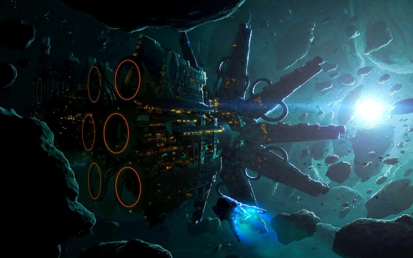 Space Mining, futuristic spaceship, glowing orange rings, HD Desktop Wallpaper