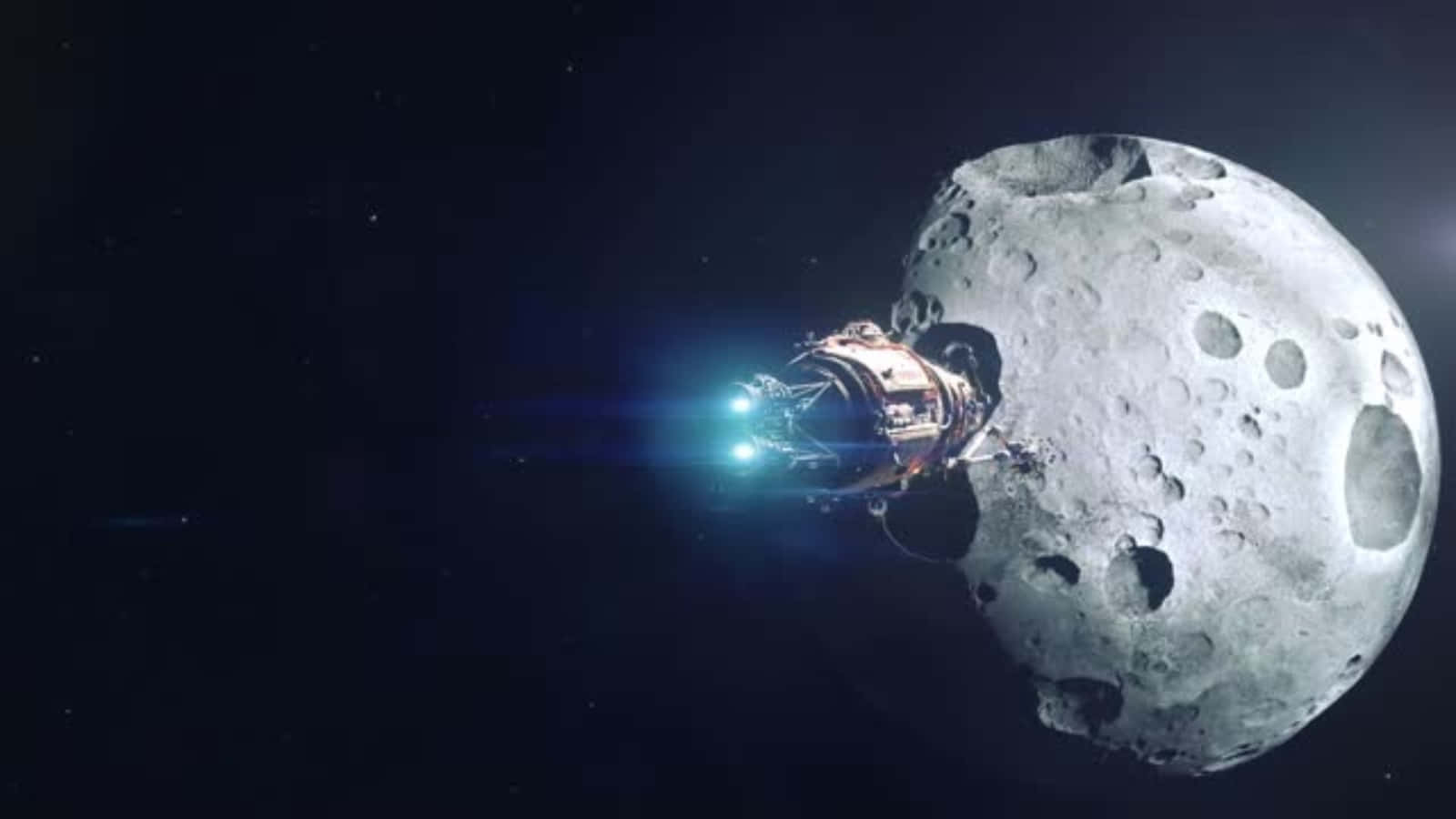 space mining, cratered moon, glowing blue engines, HD Desktop Wallpaper