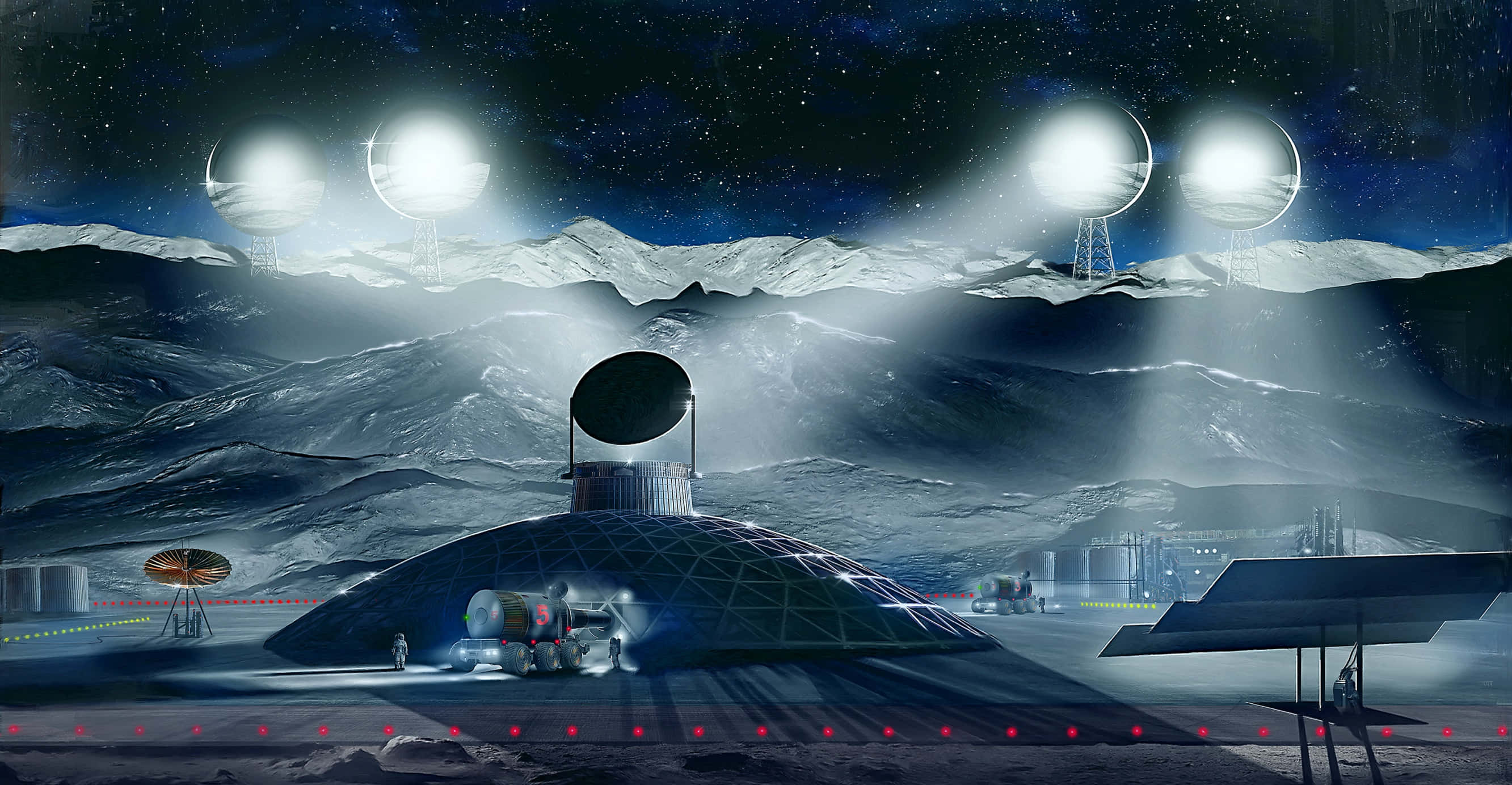 Space Mining, futuristic dome base, snowy alien planet, 2K Desktop Wallpaper