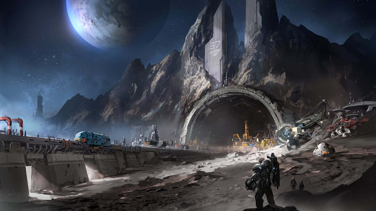 Space Mining, alien ruin, glowing blue moon, HD Desktop Wallpaper