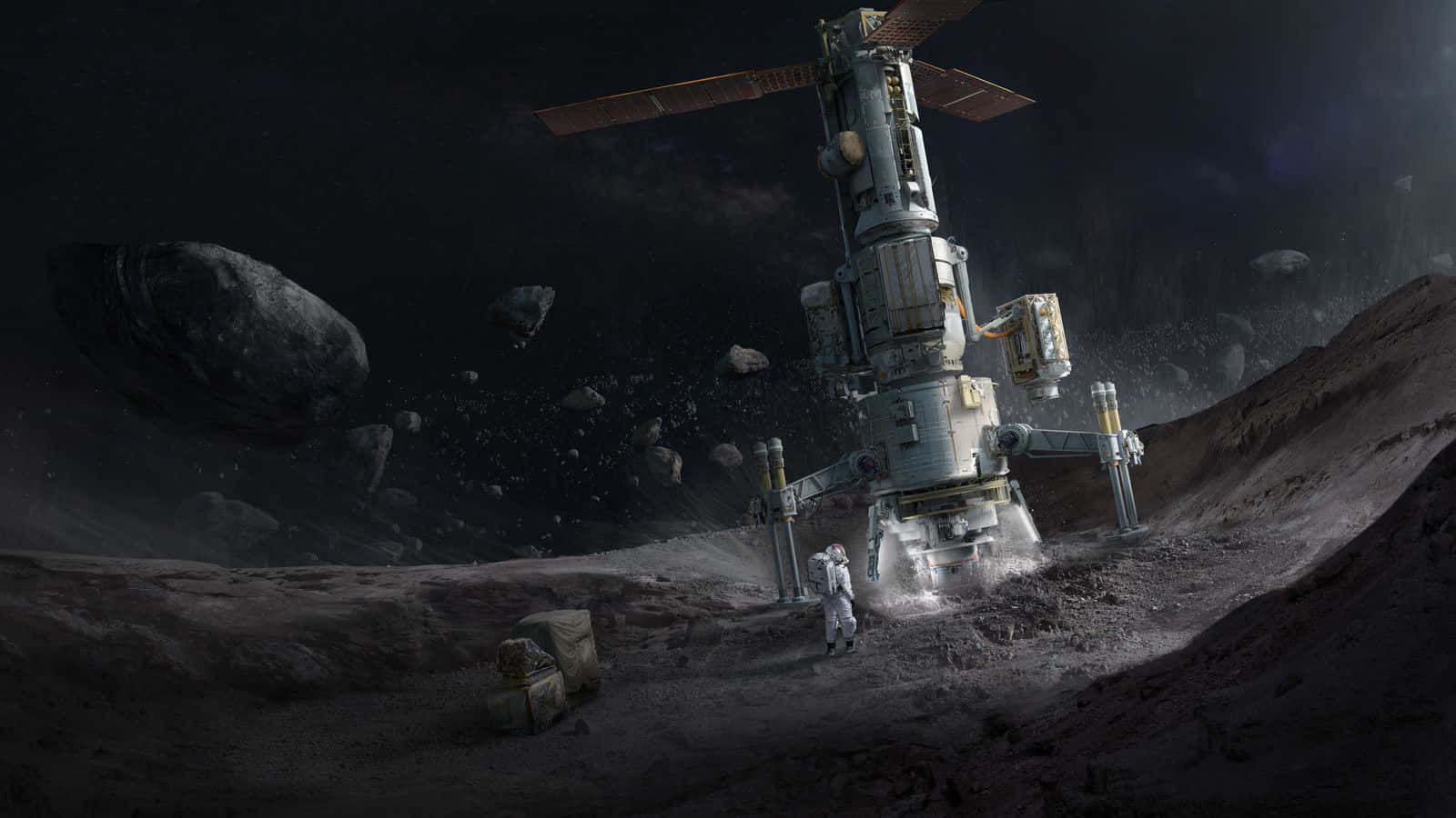 space mining, asteroid surface, space station, HD Desktop Wallpaper