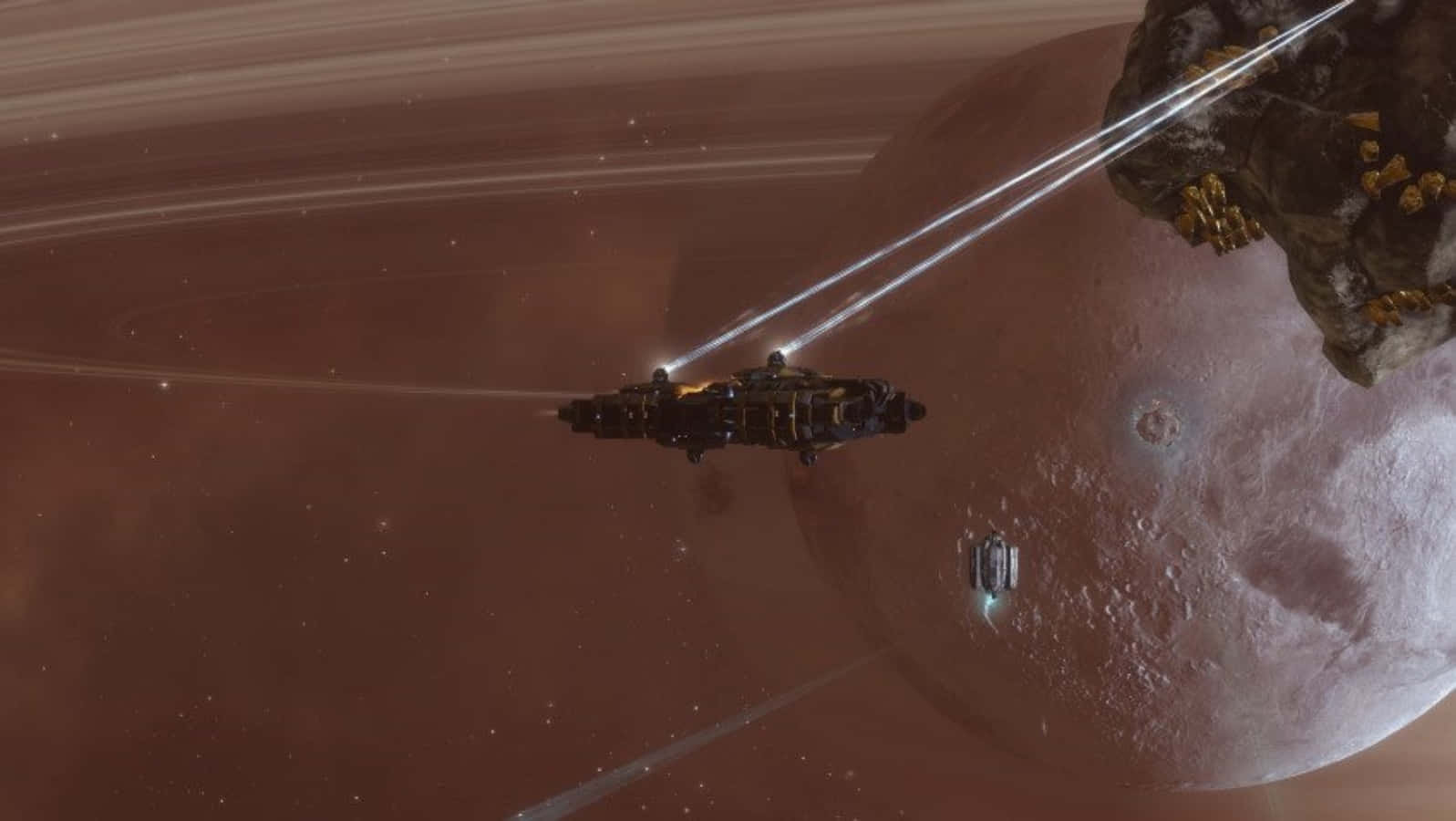 space mining, dusty red ringed planet, laser beams, HD Desktop Wallpaper