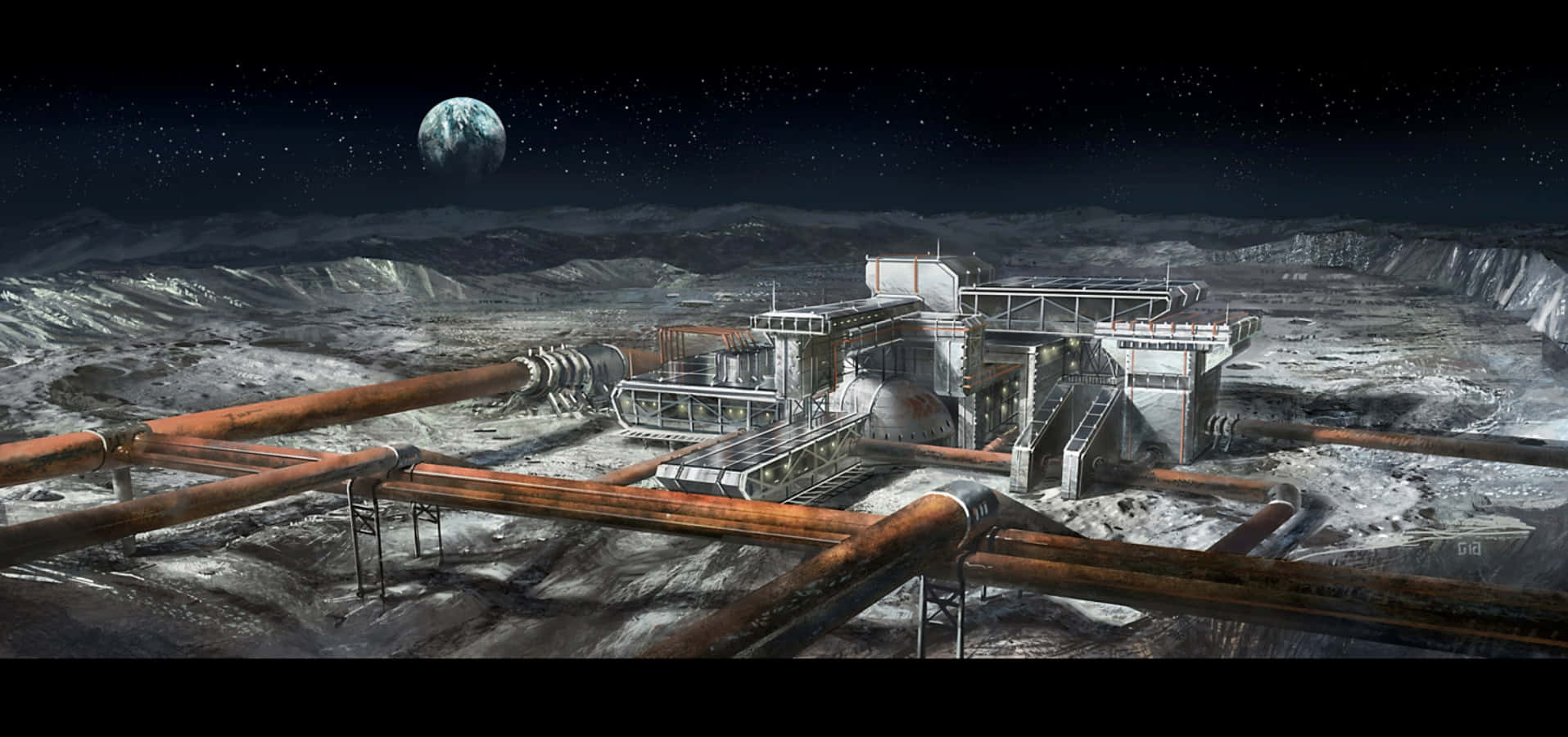 Space Mining, rusted pipes, barren alien landscape, HD Desktop Wallpaper