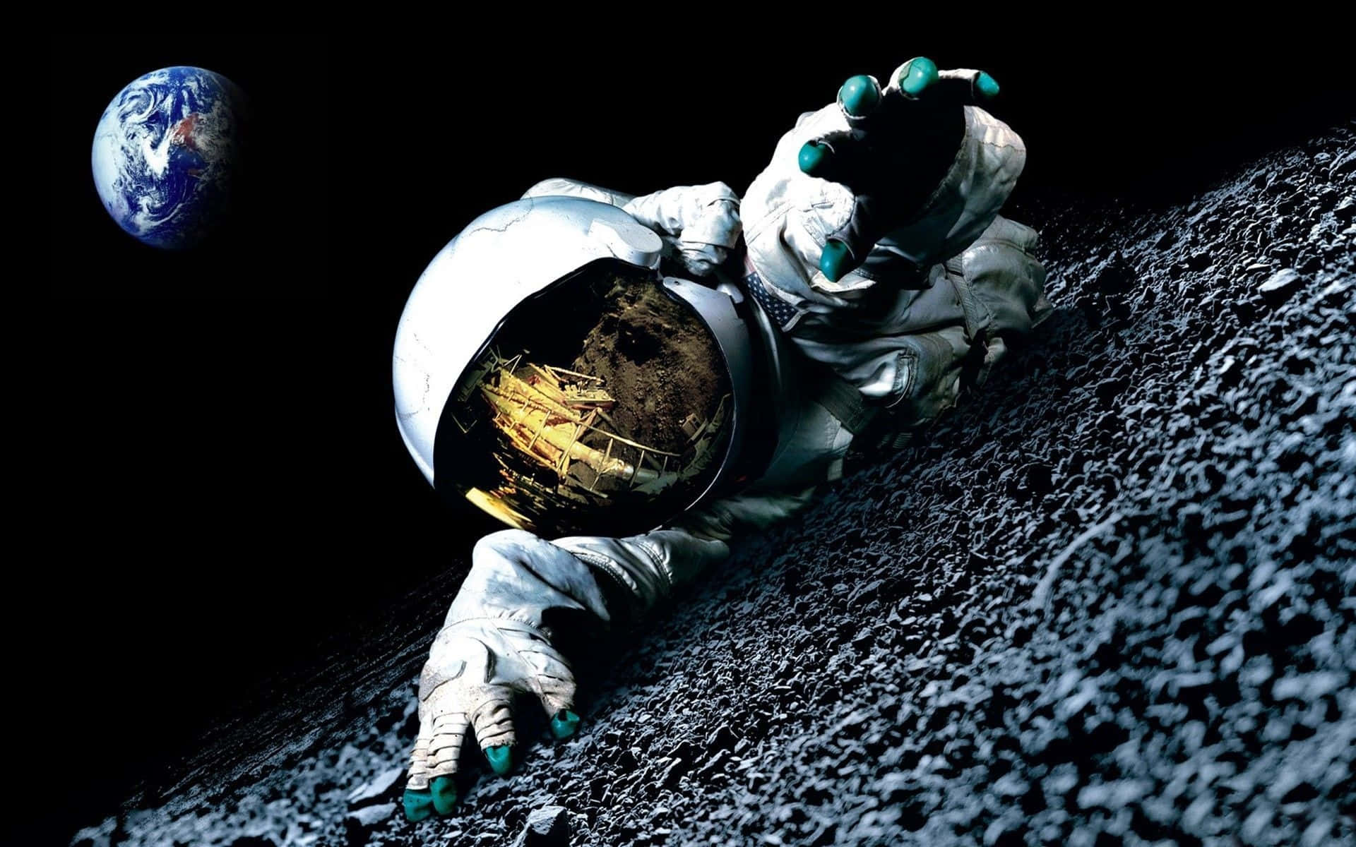 astronaut, reflective helmet, lunar surface, Full HD Desktop Wallpaper