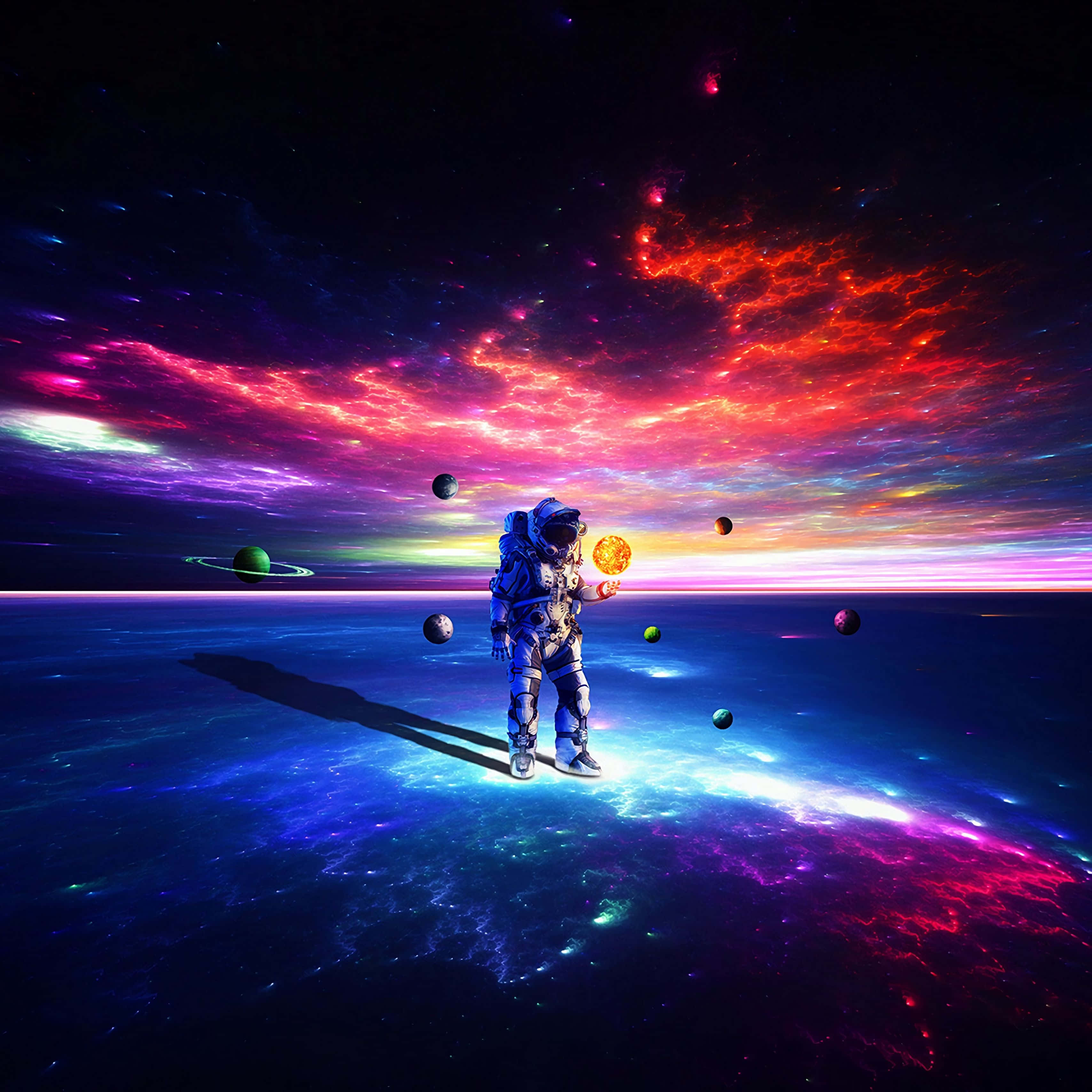 astronaut, glowing cosmic planet, sun orb, 2K Desktop Wallpaper