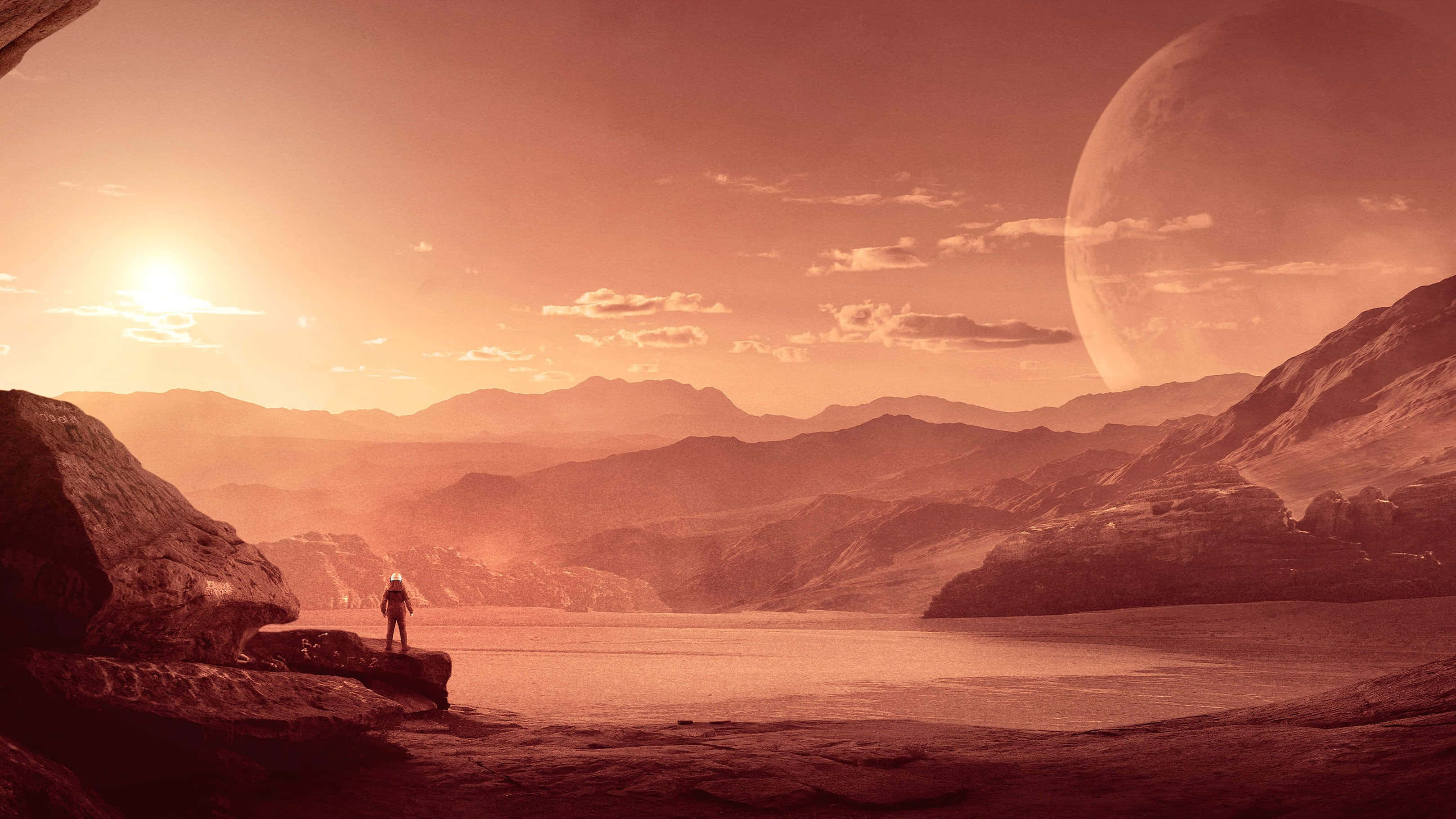 Space Mission, astronaut, rocky outcrop, 2K Desktop Wallpaper