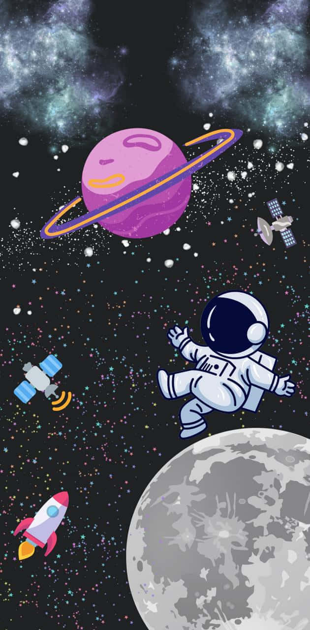 cartoon astronaut, cratered moon, pink ringed planet, HD Phone Wallpaper