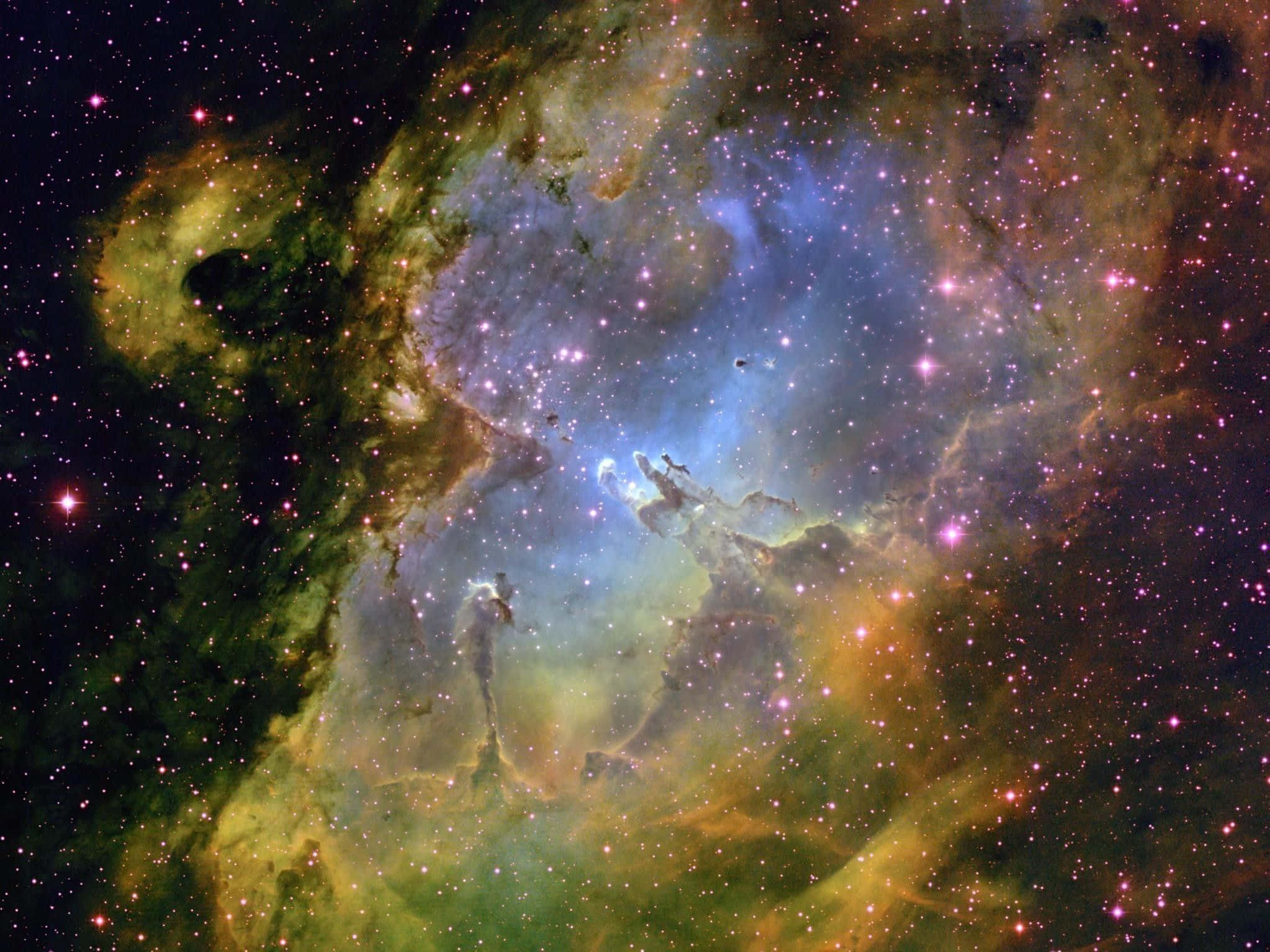 space nebula, blue green, orange gas clouds, Full HD Desktop Wallpaper
