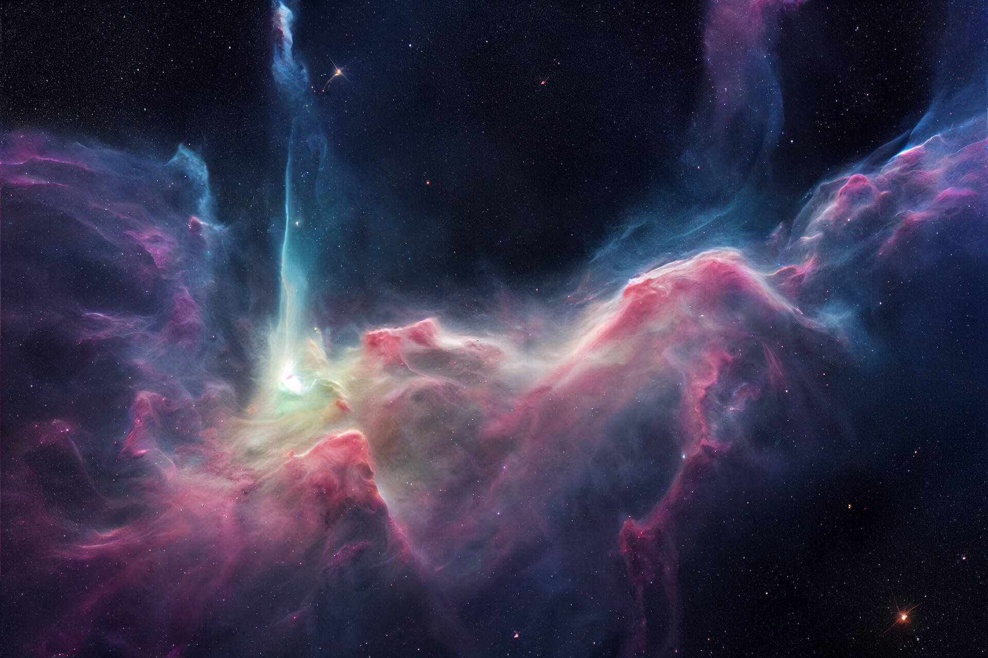 cosmic nebula, glowing pink and teal clouds, bright central jet, Full HD Desktop Wallpaper