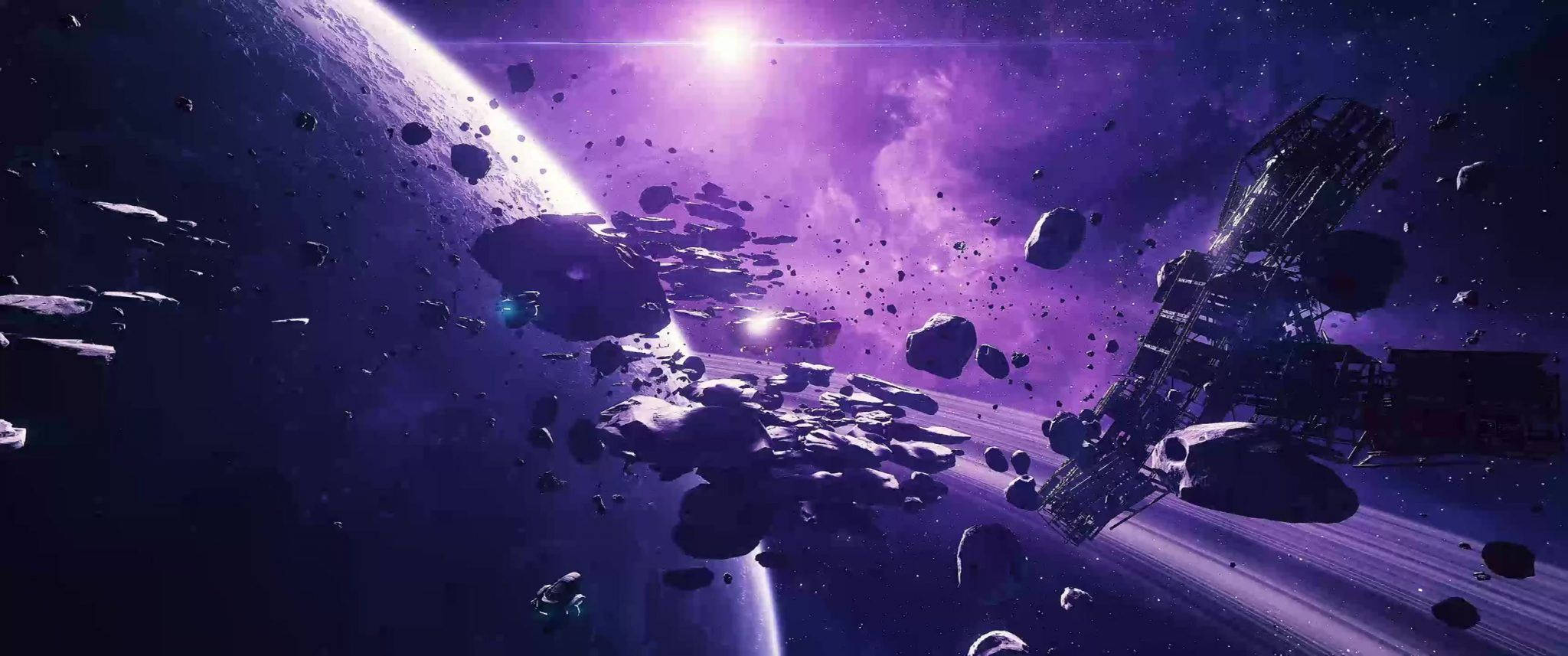 Ultrawide monitor, vibrant purple asteroid field, glowing planet, Full HD Desktop Wallpaper