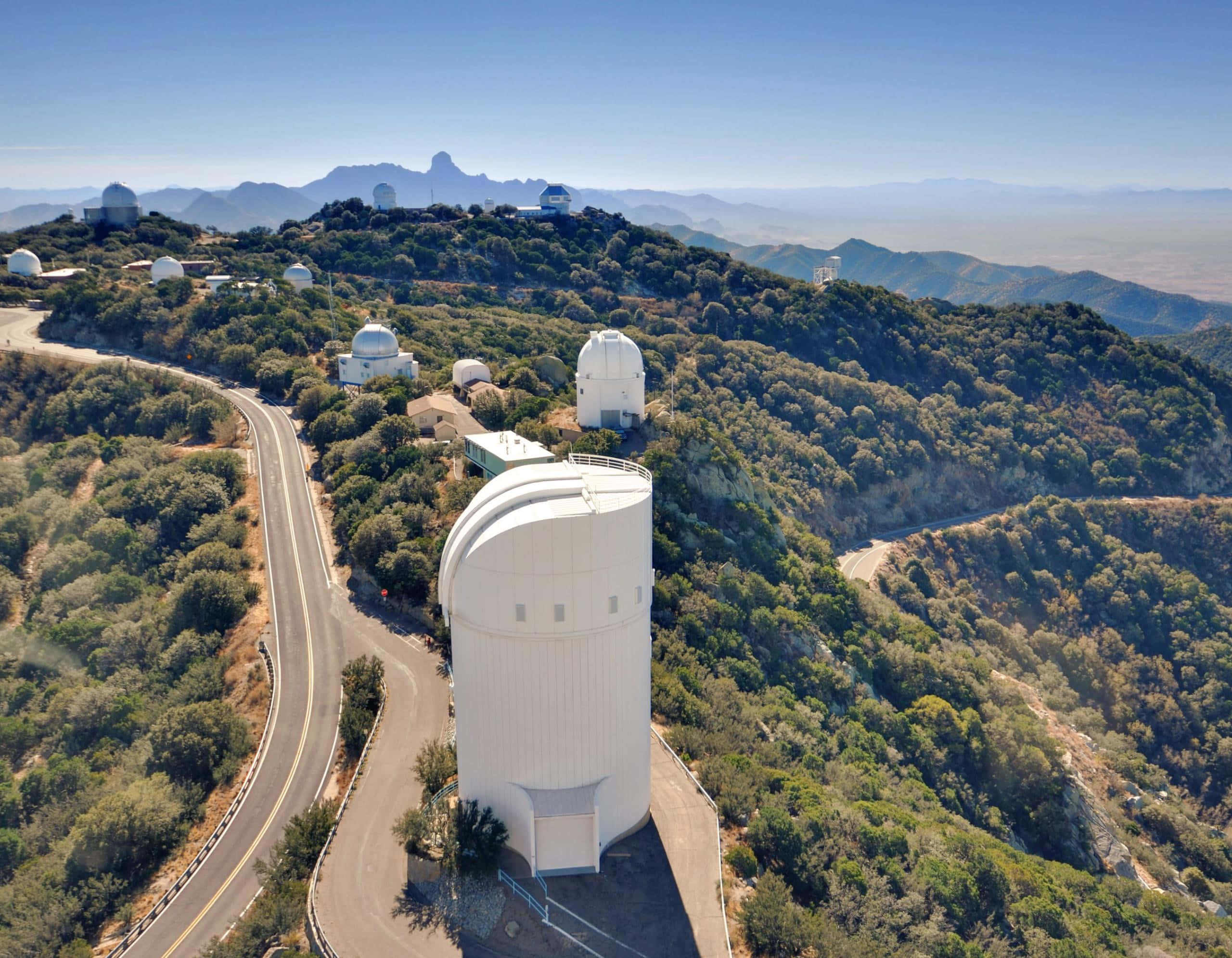 Space Observation, white observatory domes, green hills, 2K Desktop Wallpaper